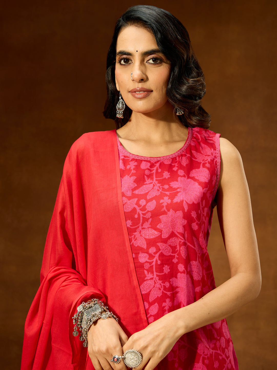Janasya Women's Pink Pure Cotton Floral Printed Straight Kurta Set