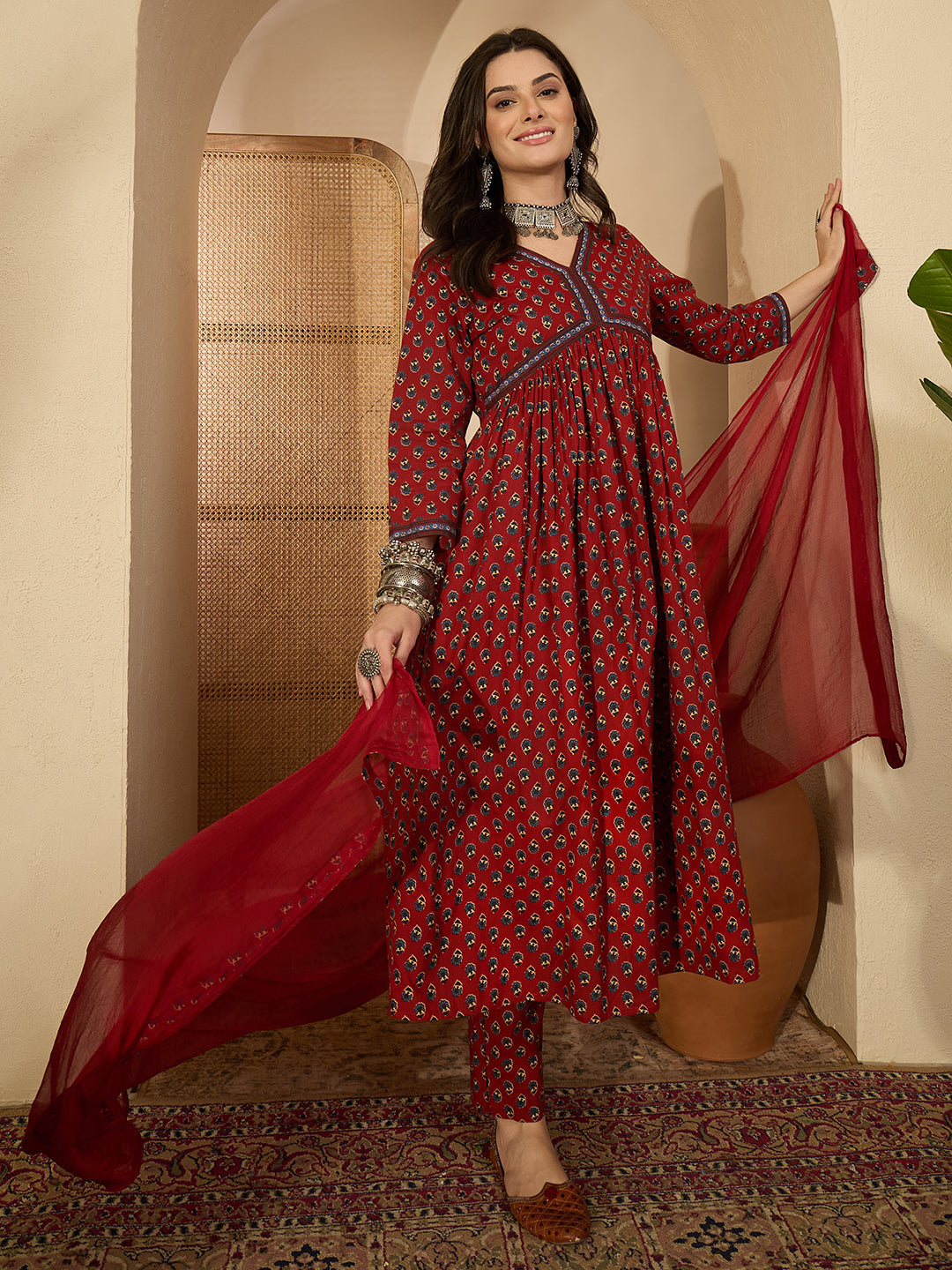 Janasya Women's Rust Pure Cotton Floral Printed A-Line Kurta Set