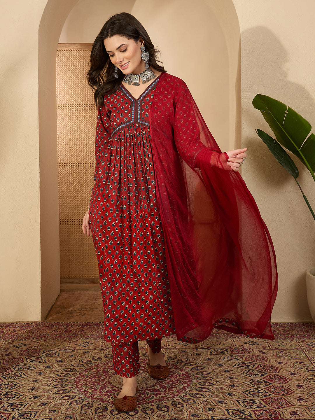 Janasya Women's Rust Pure Cotton Floral Printed A-Line Kurta Set