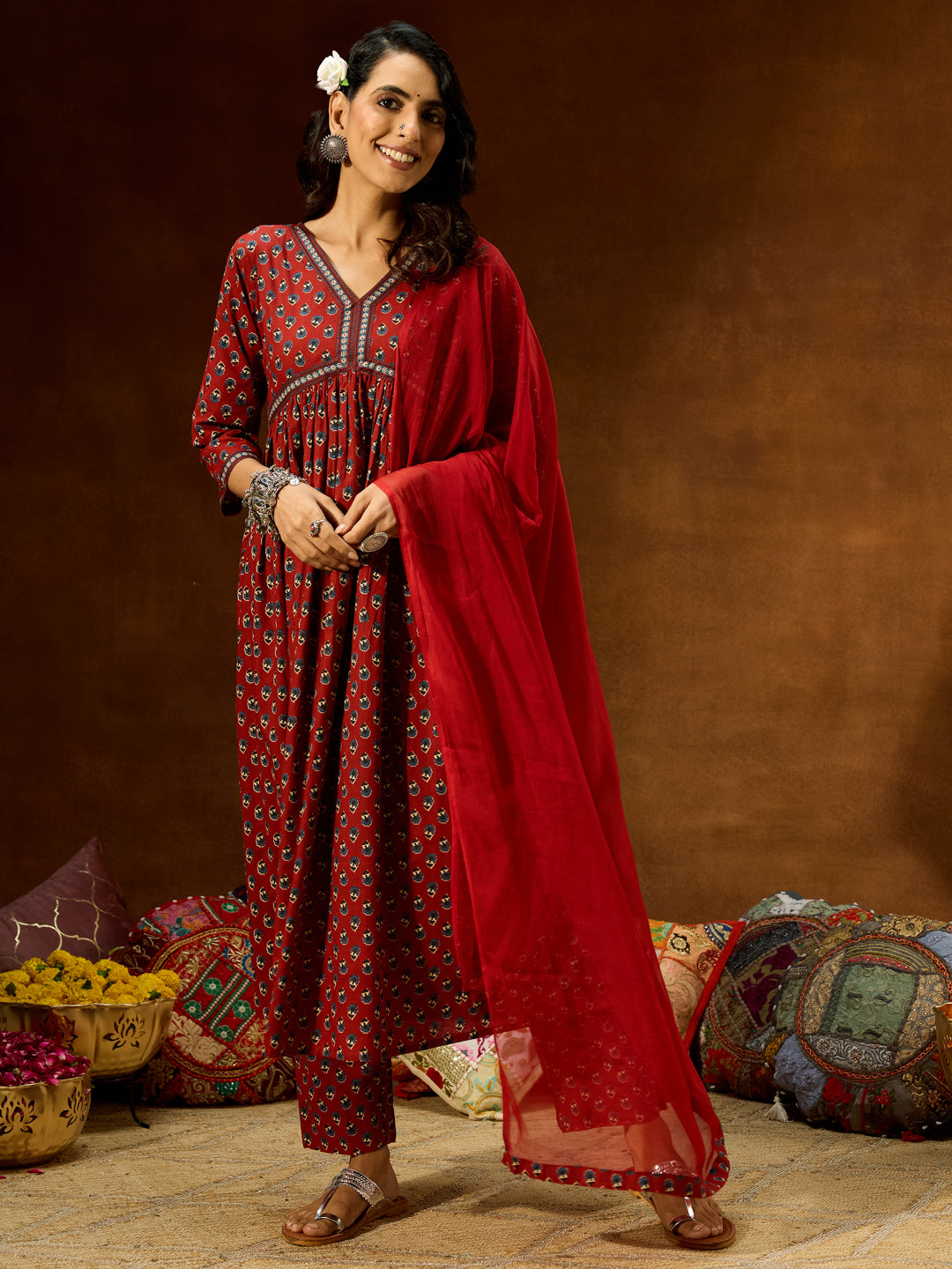 Janasya Women's Maroon Pure Cotton Floral Printed A-line Kurta Set