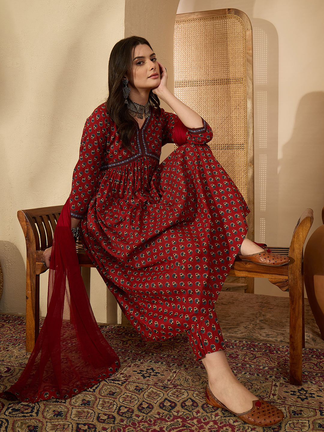 Janasya Women's Rust Pure Cotton Floral Printed A-Line Kurta Set