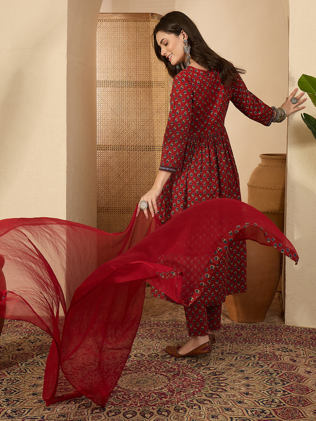 Janasya Women's Rust Pure Cotton Floral Printed A-Line Kurta Set