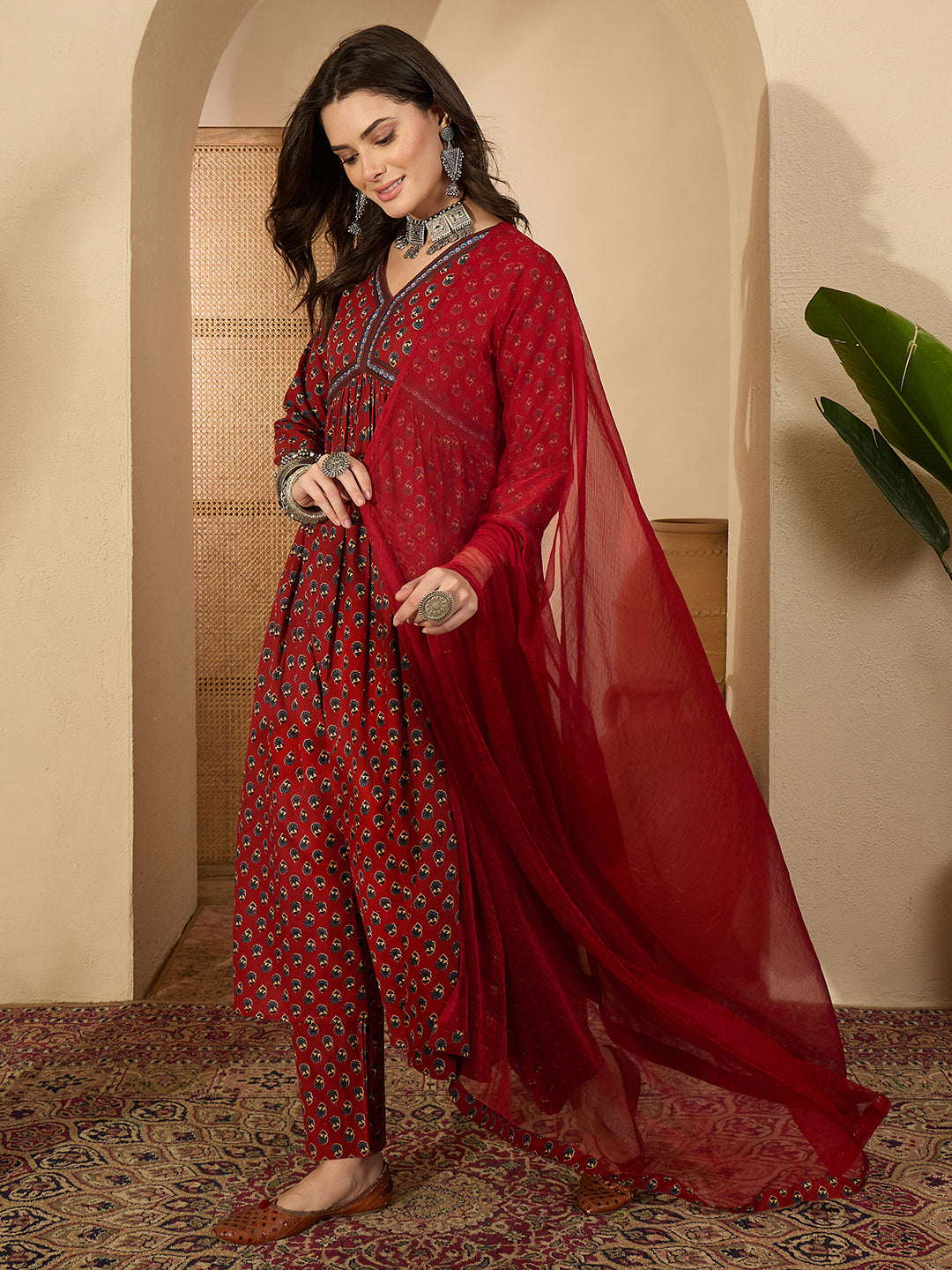 Janasya Women's Rust Pure Cotton Floral Printed A-Line Kurta Set