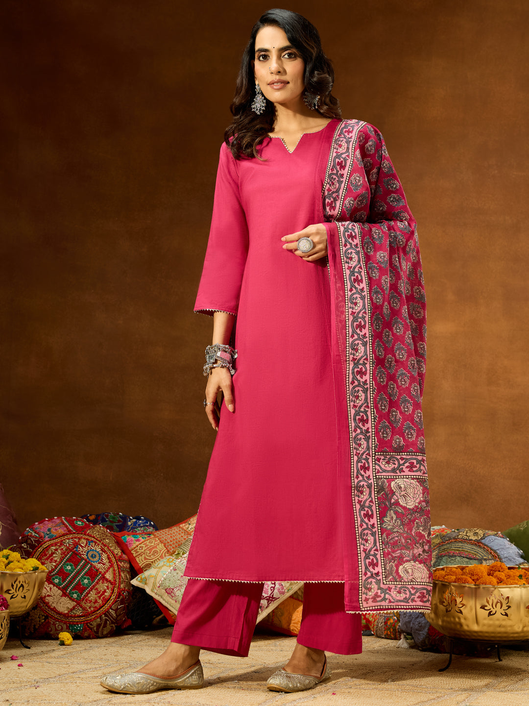 Janasya Women's Magenta Pure Cotton Self Design Straight Kurta Set With Printed Dupatta