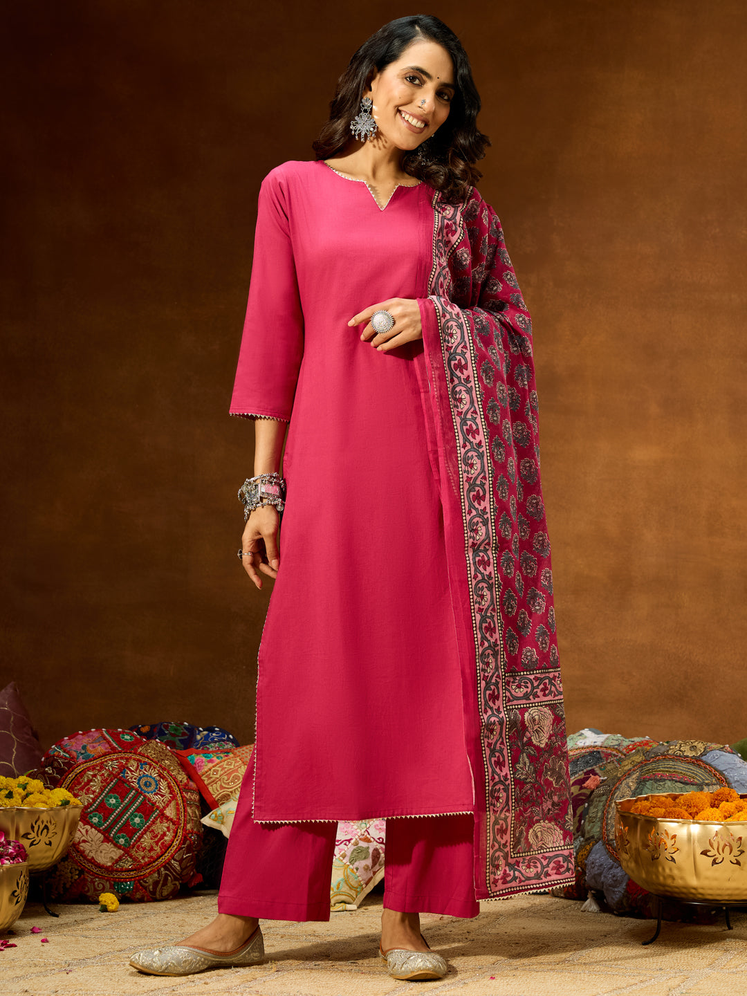 Janasya Women's Magenta Pure Cotton Self Design Straight Kurta Set With Printed Dupatta