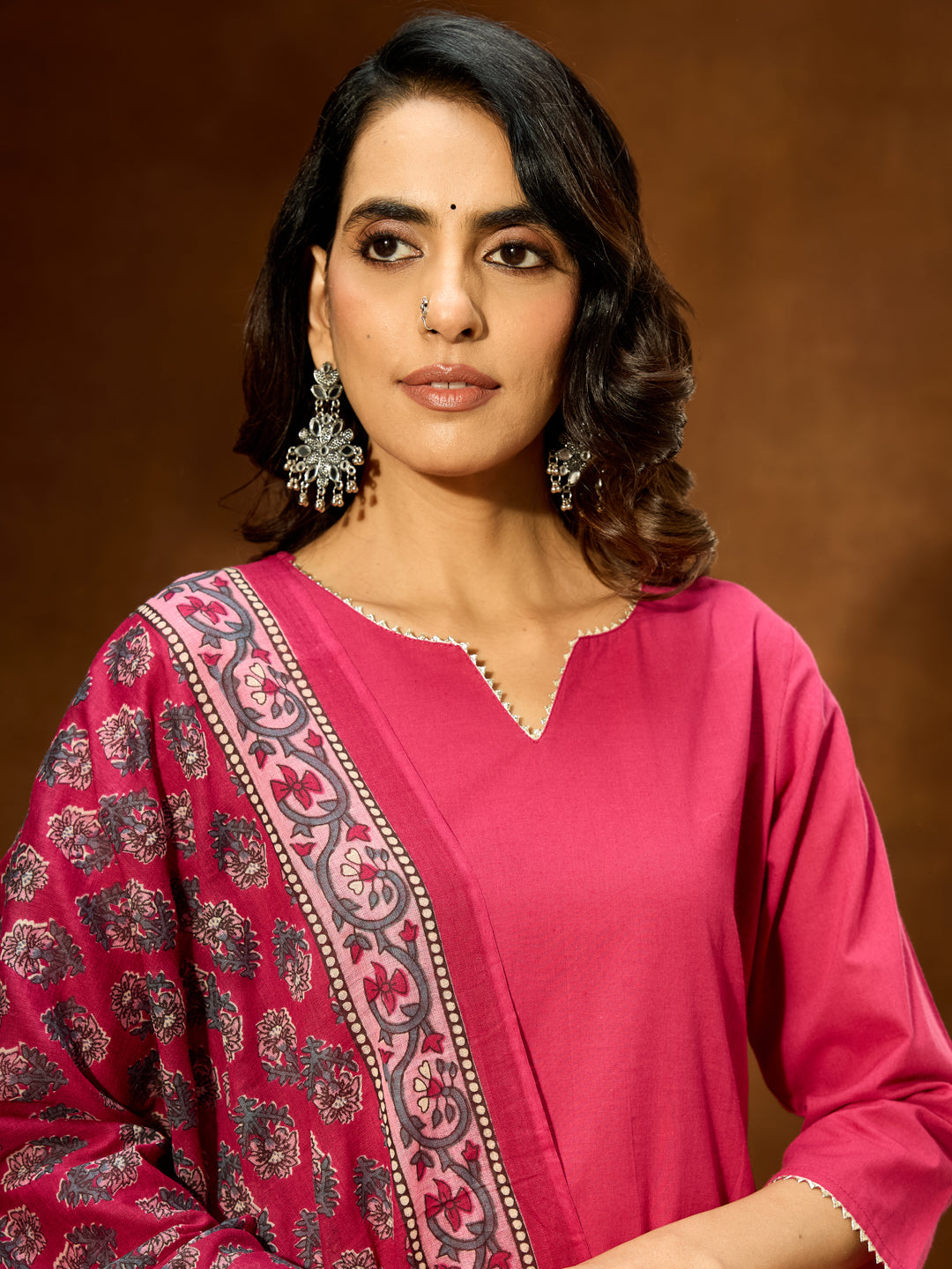 Janasya Women's Magenta Pure Cotton Self Design Straight Kurta Set With Printed Dupatta