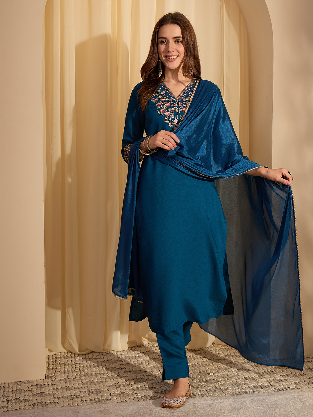 Janasya Women's Teal Blue Silk Blend Floral Yoke Embroidered Straight Kurta Set
