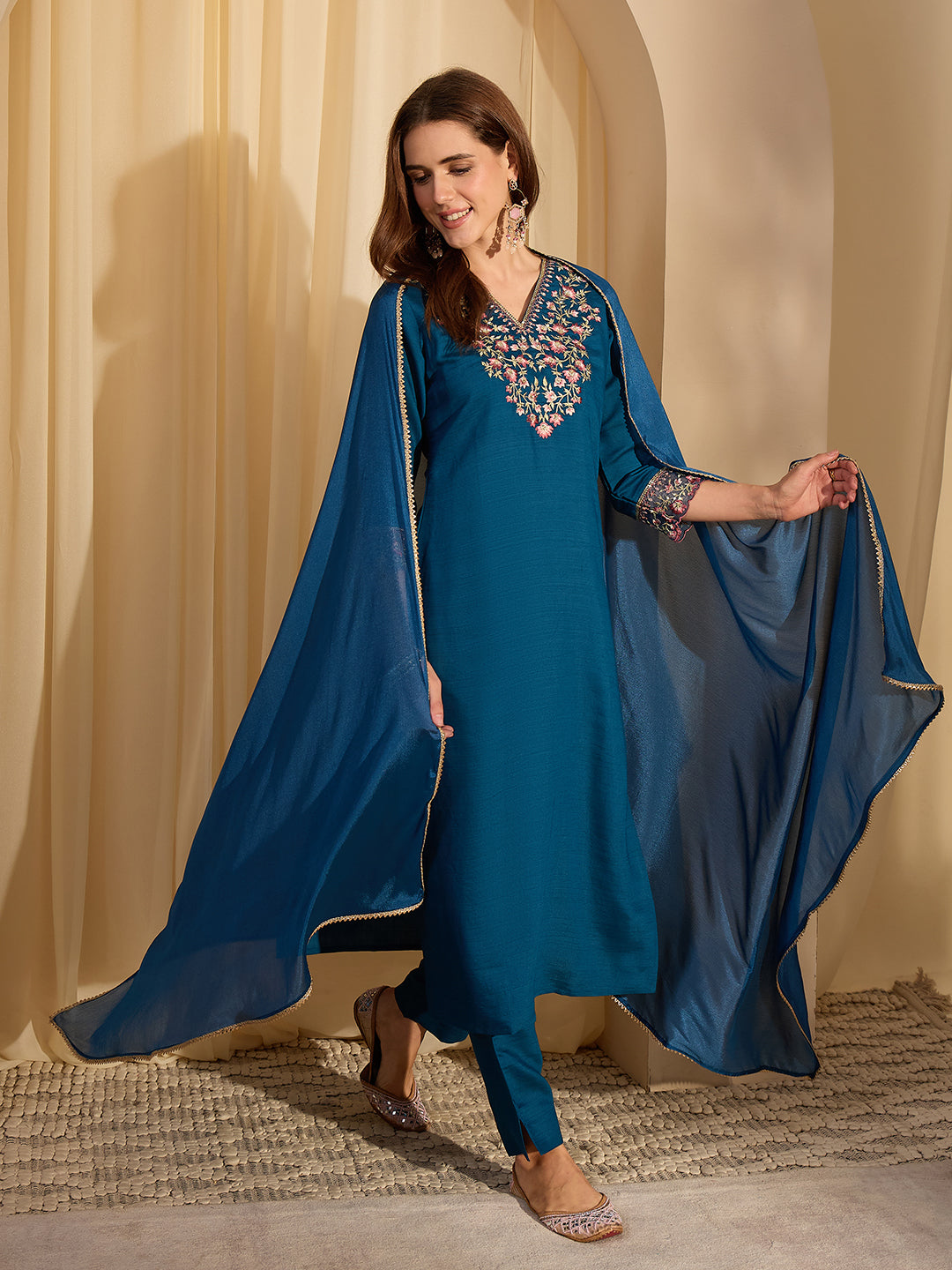 Janasya Women's Teal Blue Silk Blend Floral Yoke Embroidered Straight Kurta Set