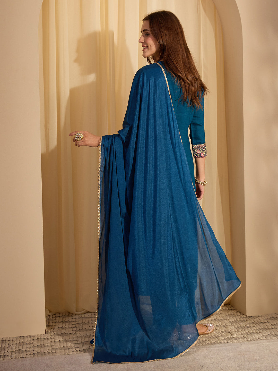 Janasya Women's Teal Blue Silk Blend Floral Yoke Embroidered Straight Kurta Set