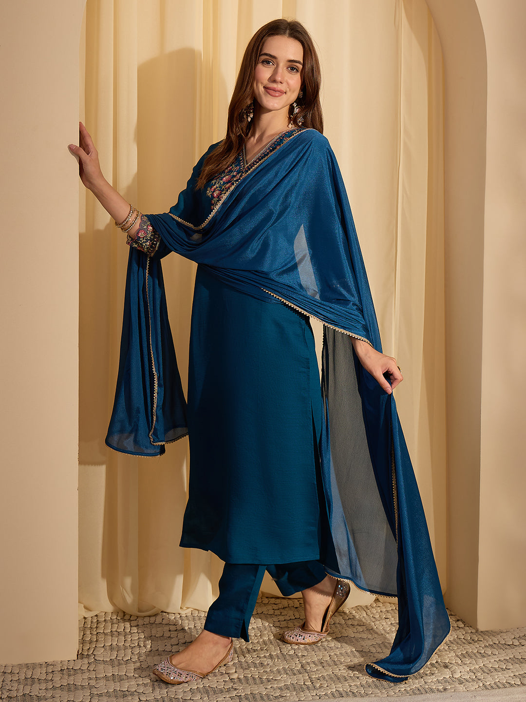 Janasya Women's Teal Blue Silk Blend Floral Yoke Embroidered Straight Kurta Set