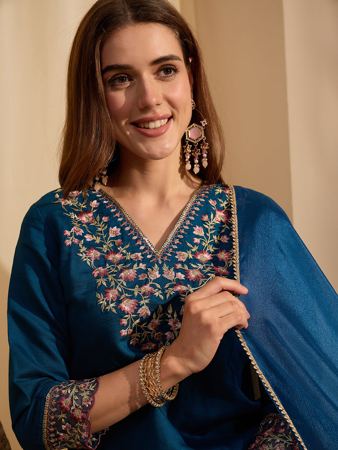 Janasya Women's Teal Blue Silk Blend Floral Yoke Embroidered Straight Kurta Set