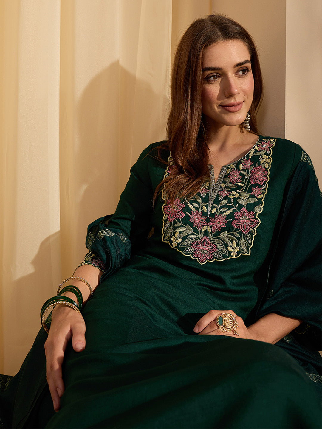 Janasya Women's Bottle Green Silk Blend Yoke Embroidered Straight Kurta Set with Jacquard Dupatta