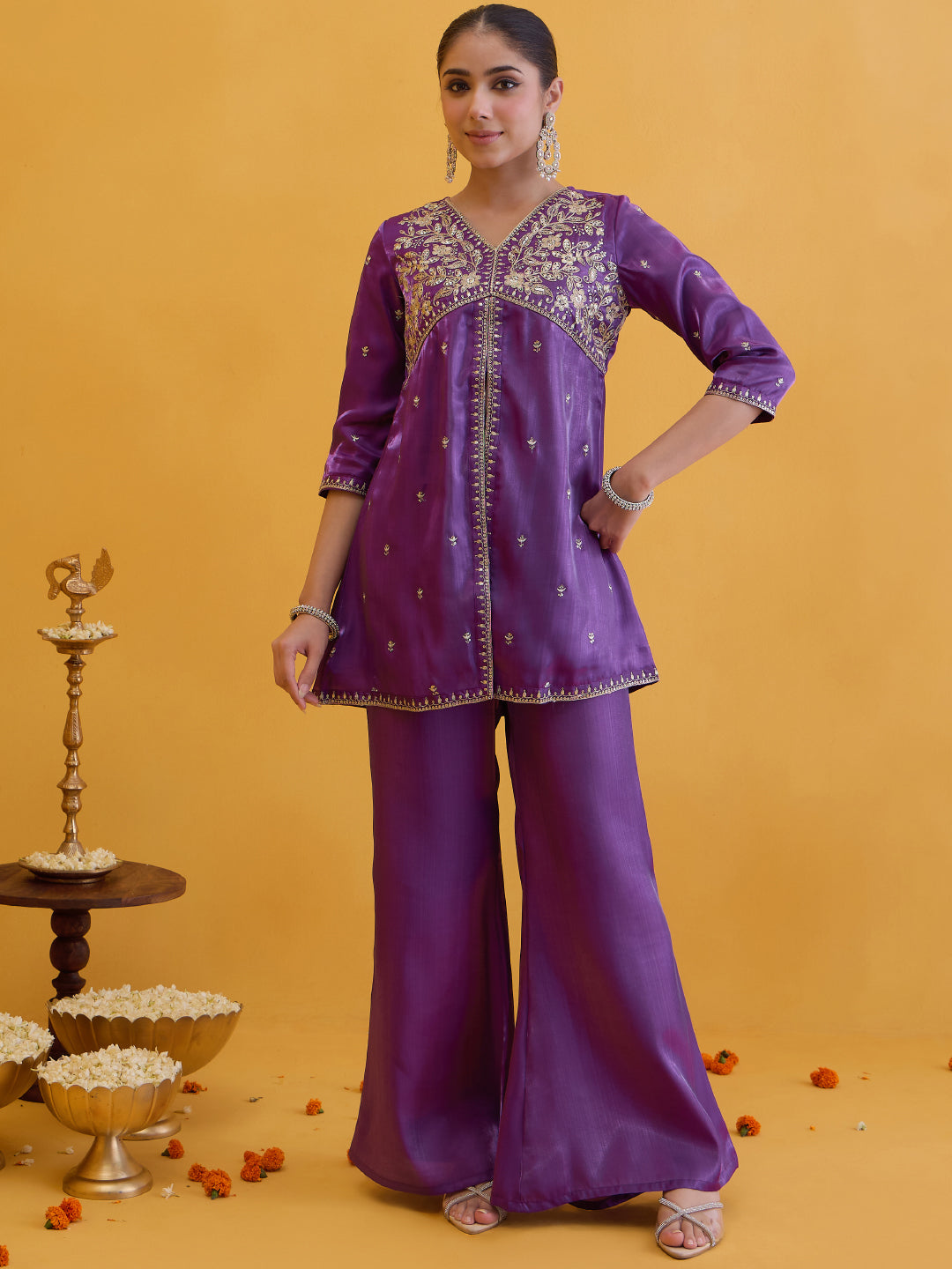 Janasya Women's Purple Silk Blend Floral Zari Embroidered High Slit Co-Ord Set