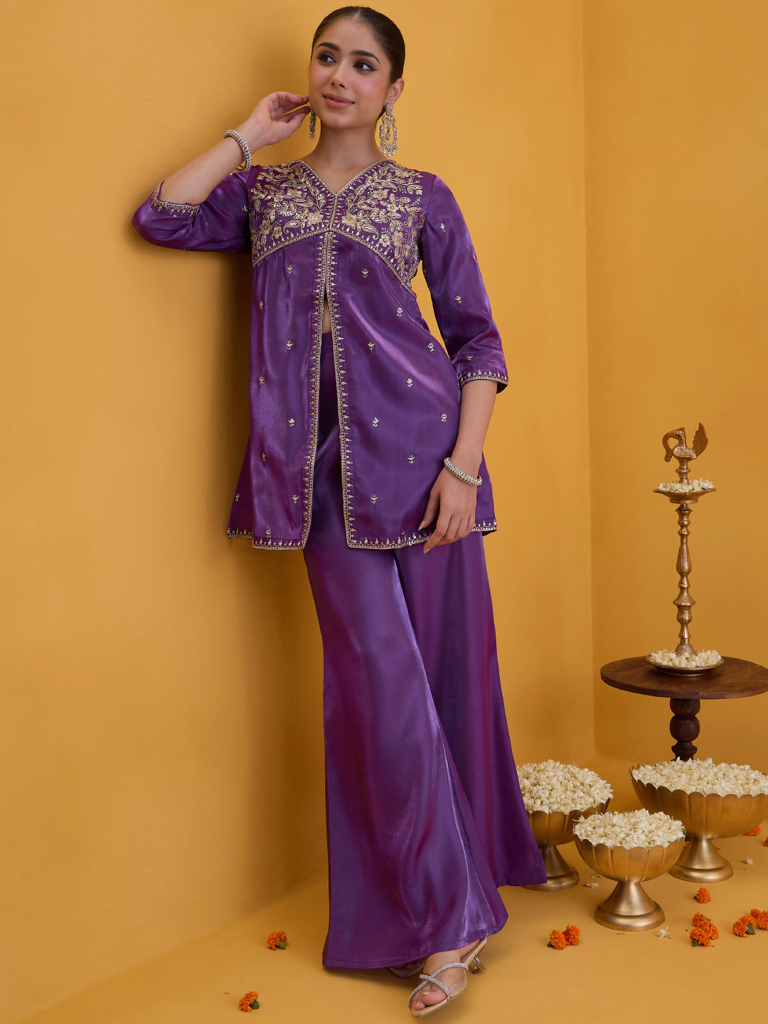 Janasya Women's Purple Silk Blend Floral Zari Embroidered High Slit Co-Ord Set