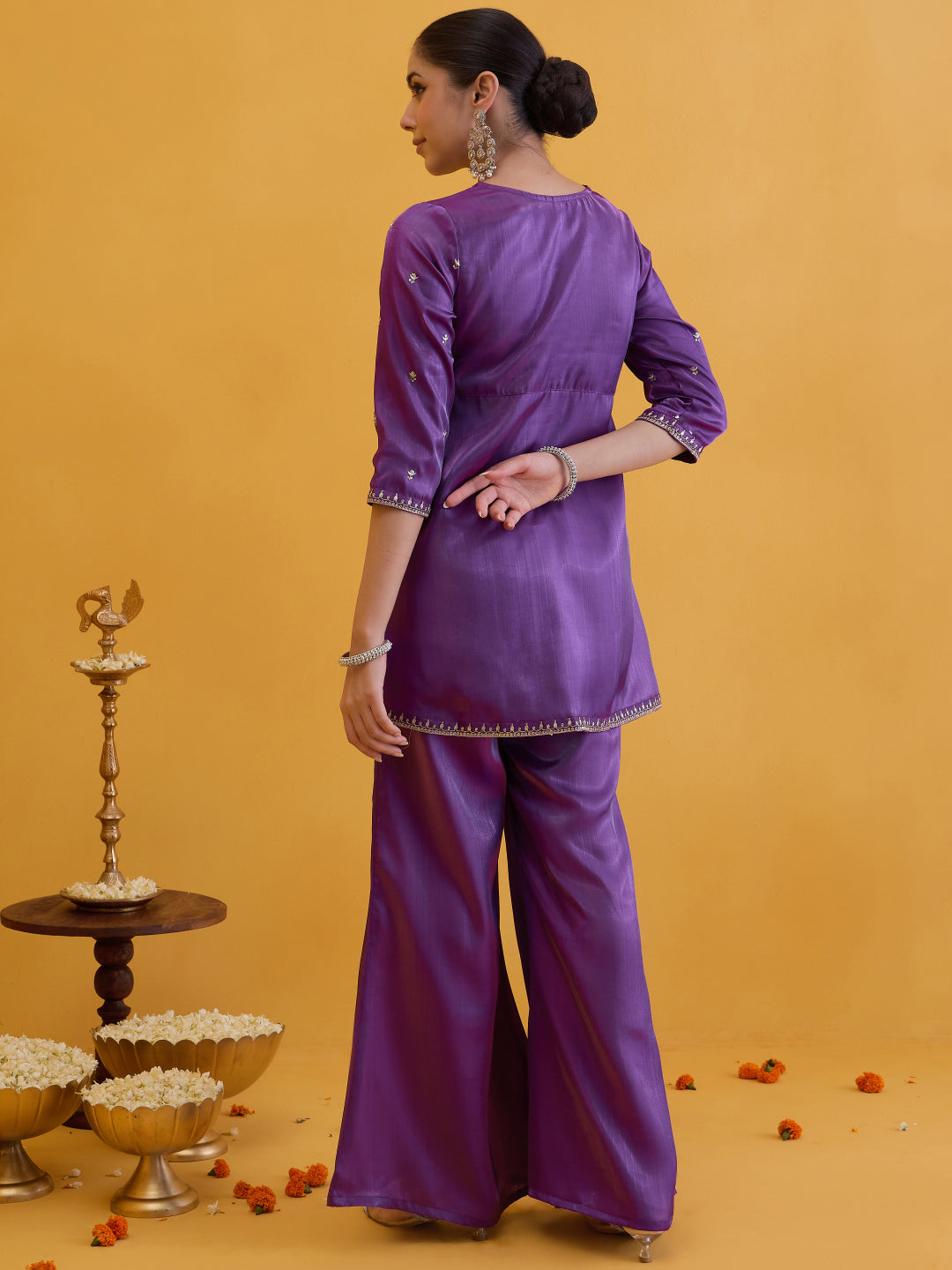 Janasya Women's Purple Silk Blend Floral Zari Embroidered High Slit Co-Ord Set