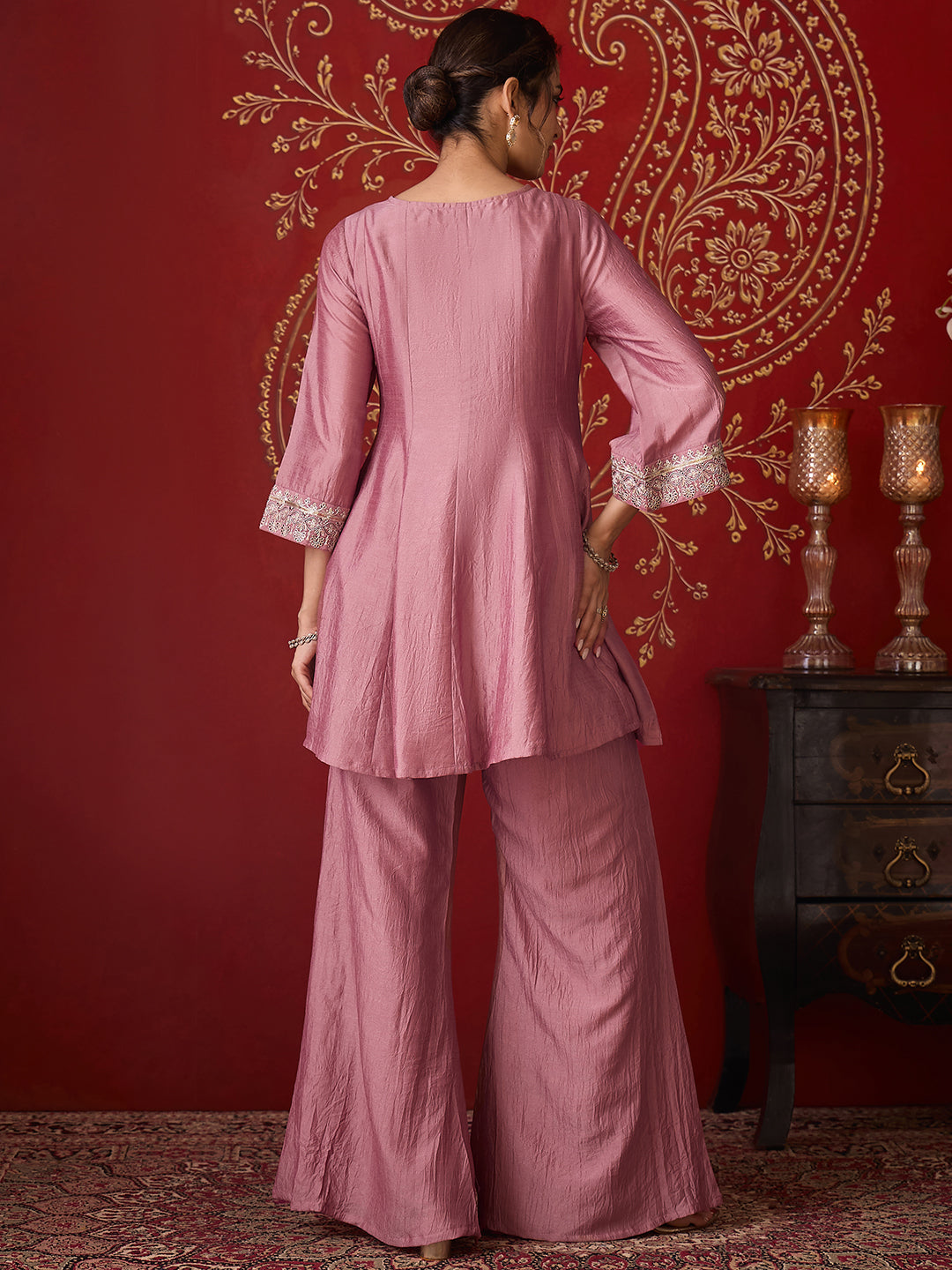 Janasya Women's Blush Pink Silk Blend Yoke Embroidered A-Line Co-Ord Set