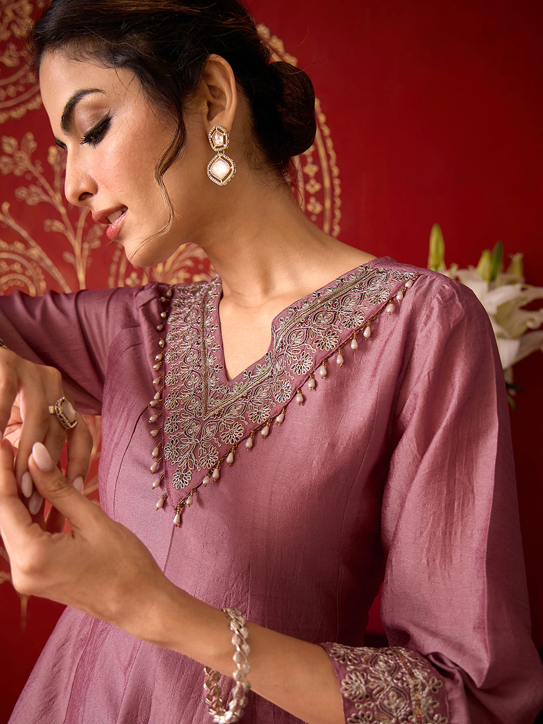 Janasya Women's Blush Pink Silk Blend Yoke Embroidered A-Line Co-Ord Set