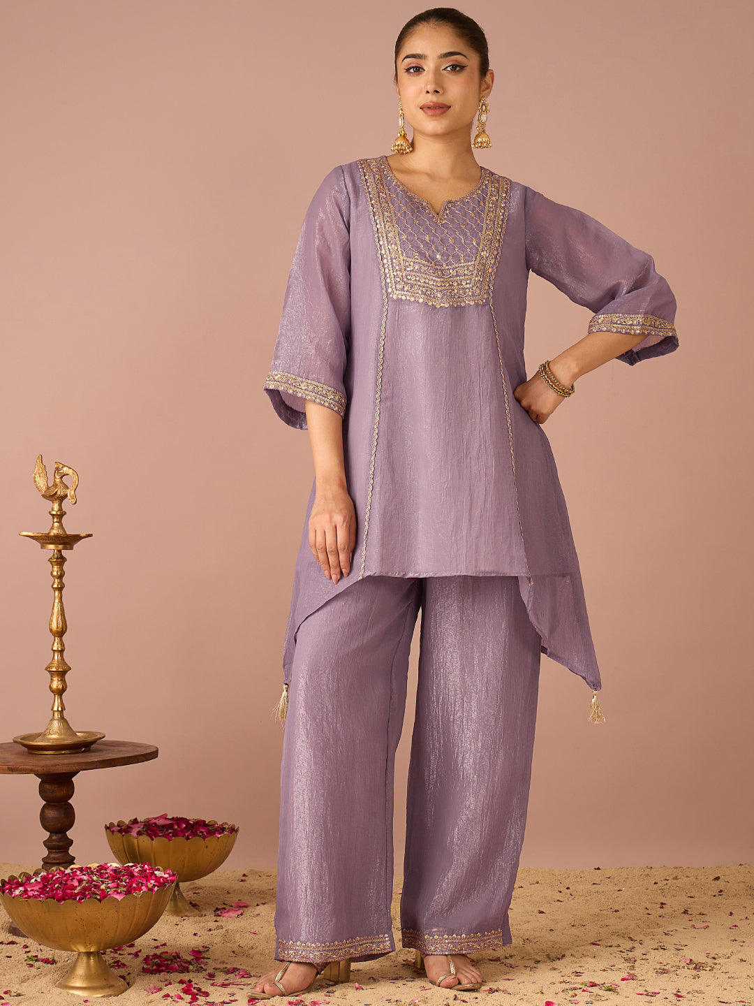 Janasya Women's Lavender Tissue Silk Floral Sequins And Zari Embroidered A-Line Co-Ord Set