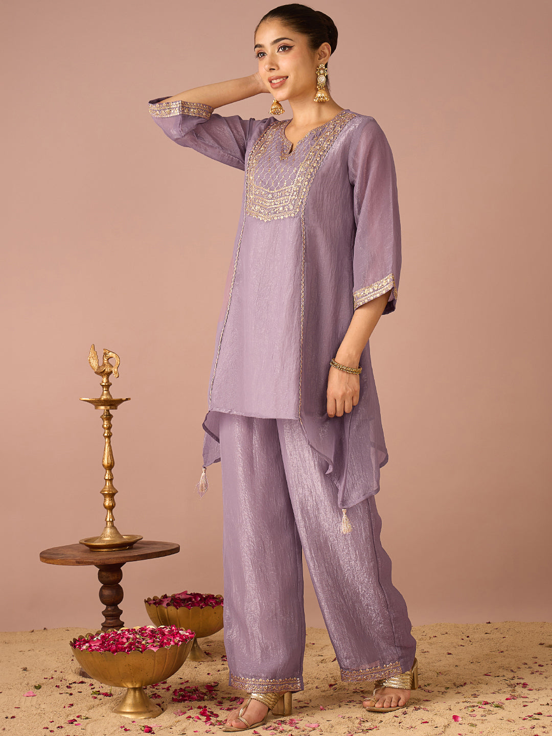 Janasya Women's Lavender Tissue Silk Floral Sequins And Zari Embroidered A-Line Co-Ord Set