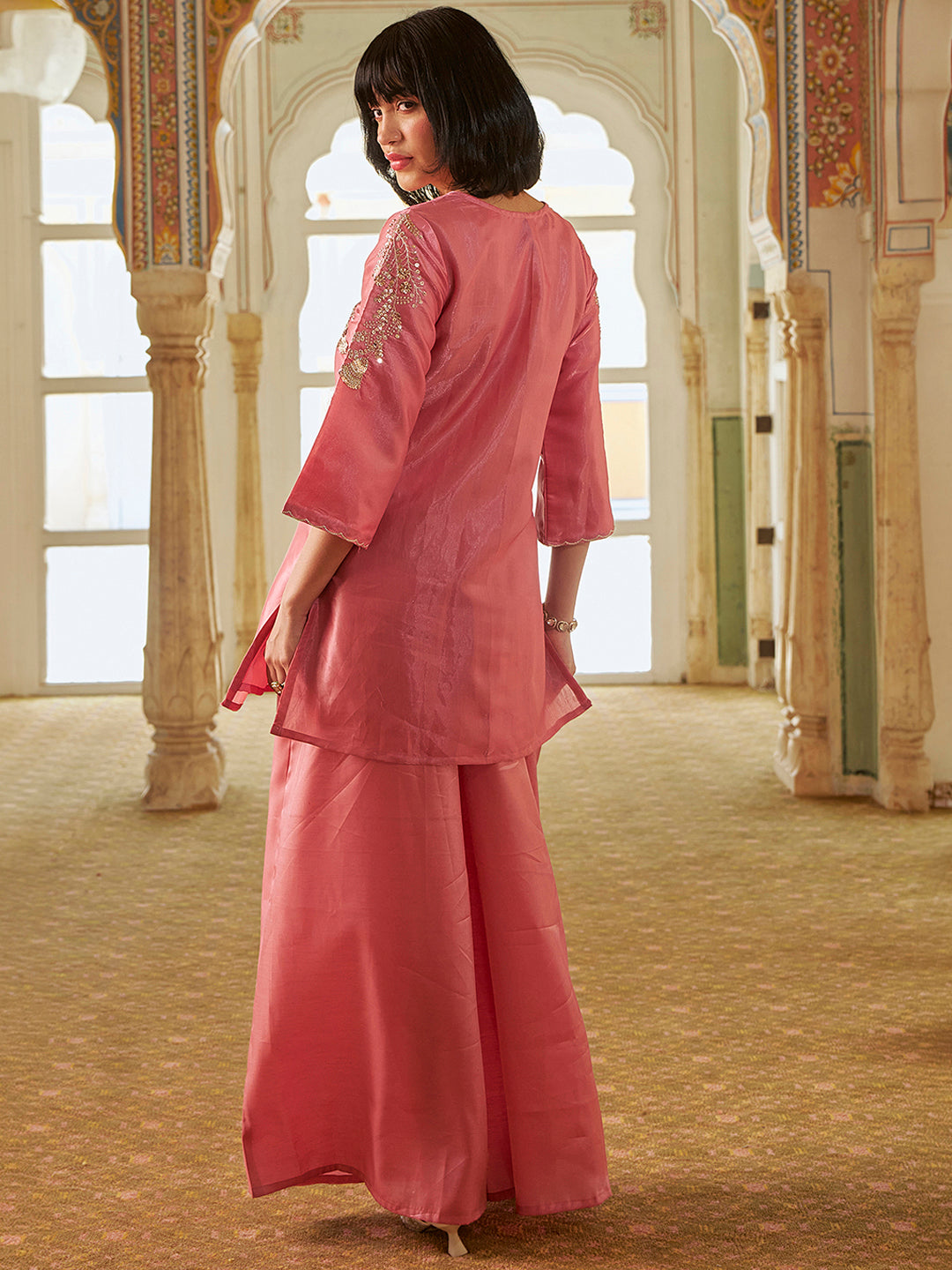 Janasya Women's Blush Pink Silk Blend Floral Yoke Embroidered Straight Co-Ord Set