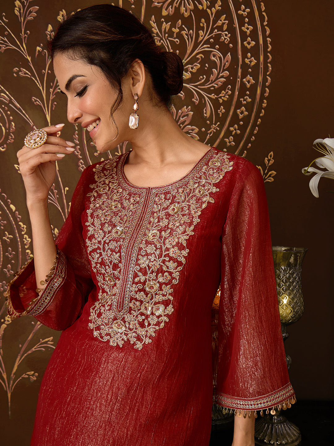Janasya Women's Rust Tissue Silk Floral Zari Yoke Embroidered Straight Co-Ord Set