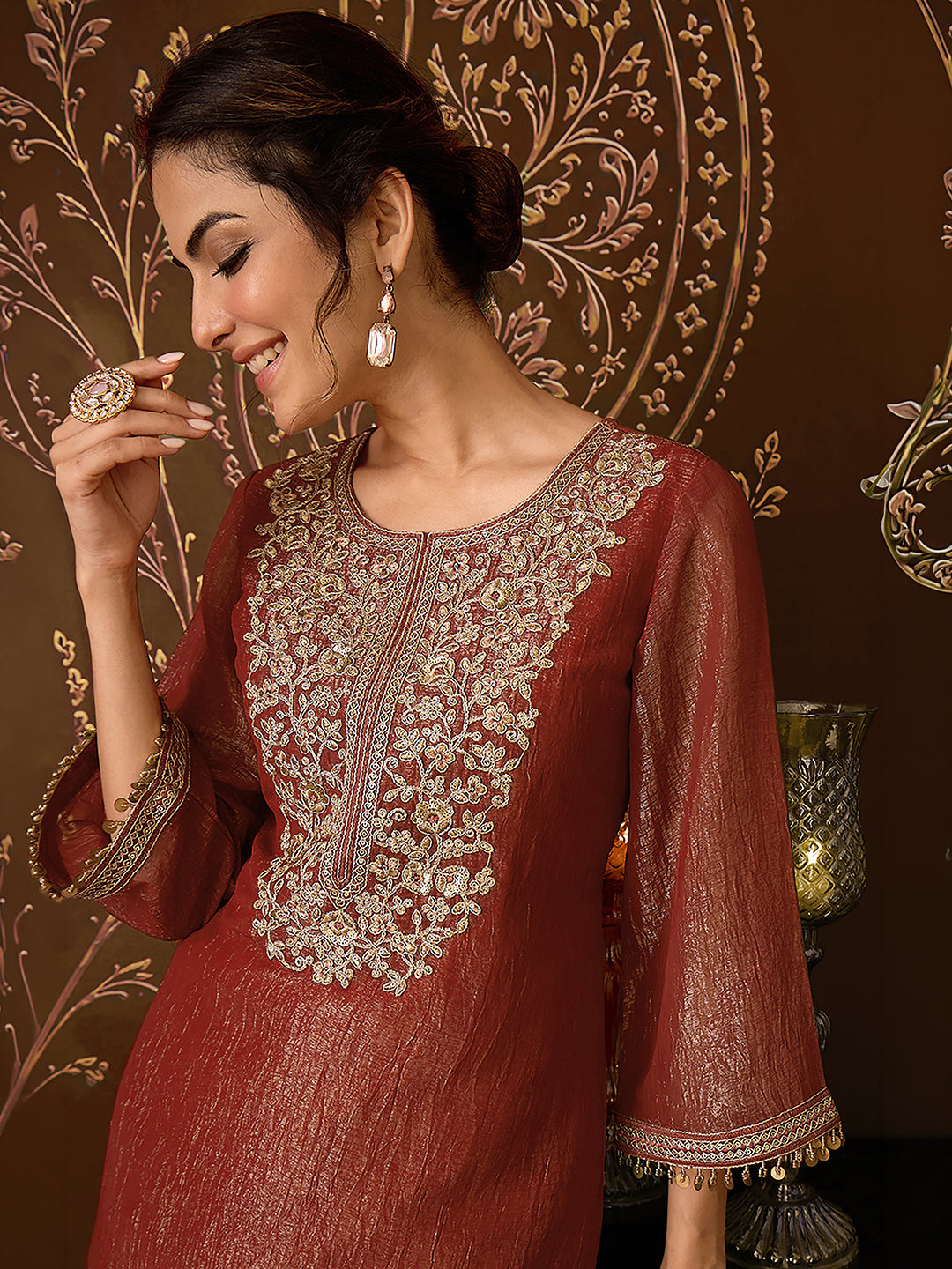 Janasya Women's Rust Tissue Silk Floral Zari Yoke Embroidered Straight Co-Ord Set