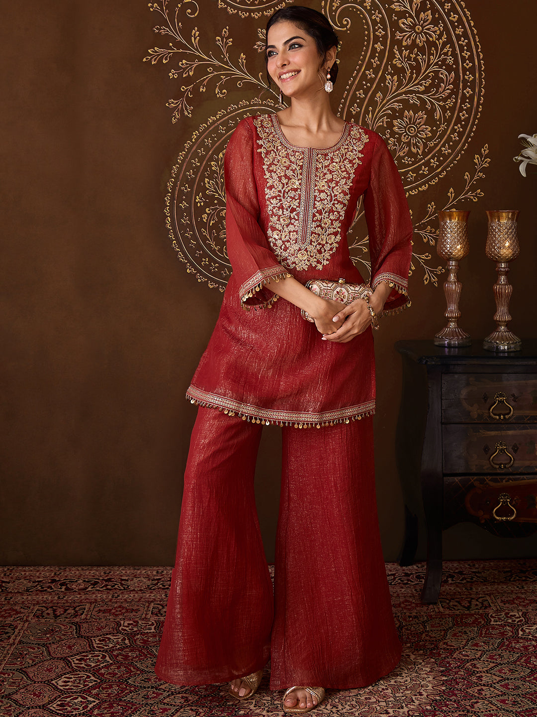 Janasya Women's Rust Tissue Silk Floral Zari Yoke Embroidered Straight Co-Ord Set
