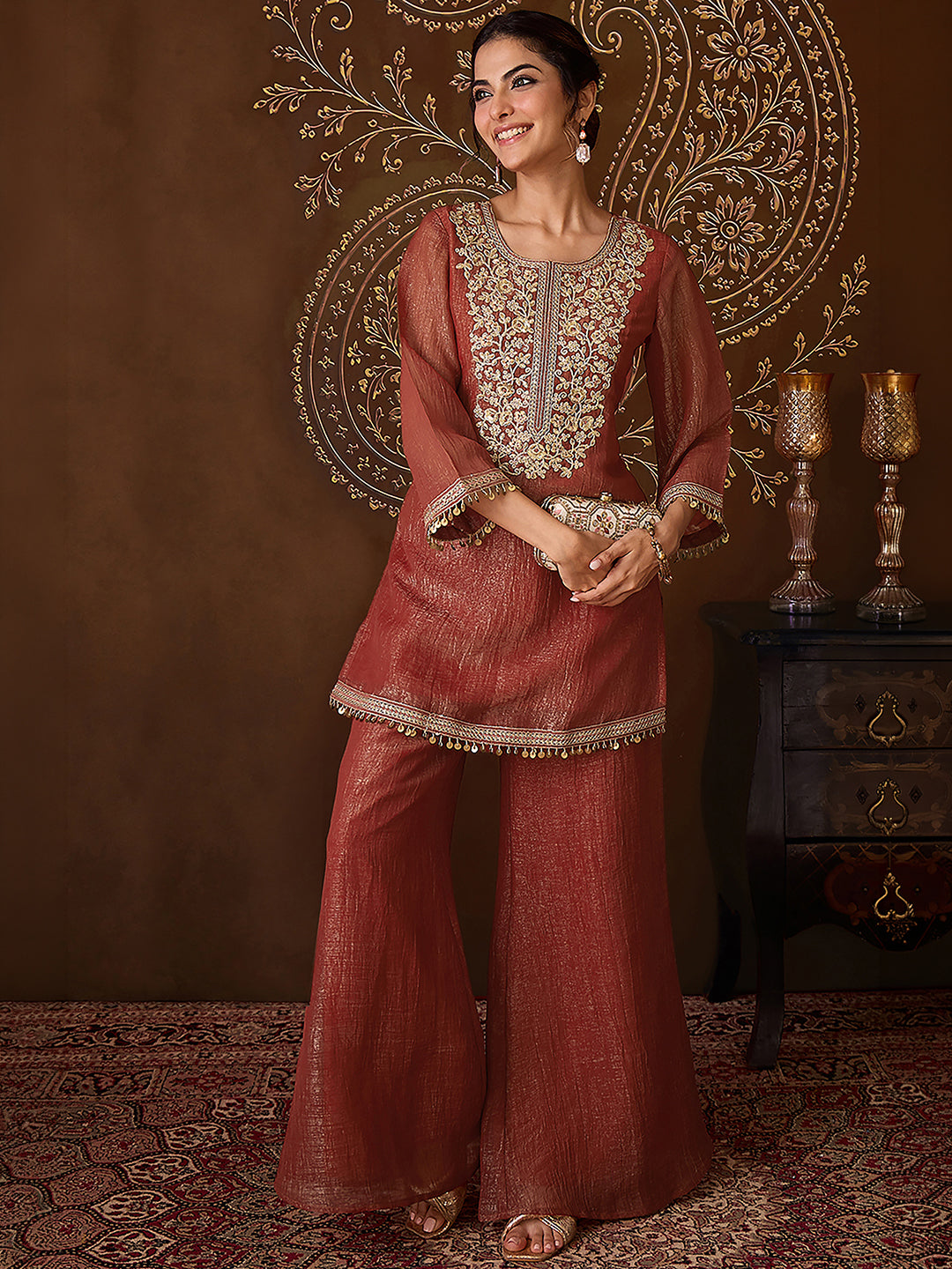 Janasya Women's Rust Tissue Silk Floral Zari Yoke Embroidered Straight Co-Ord Set