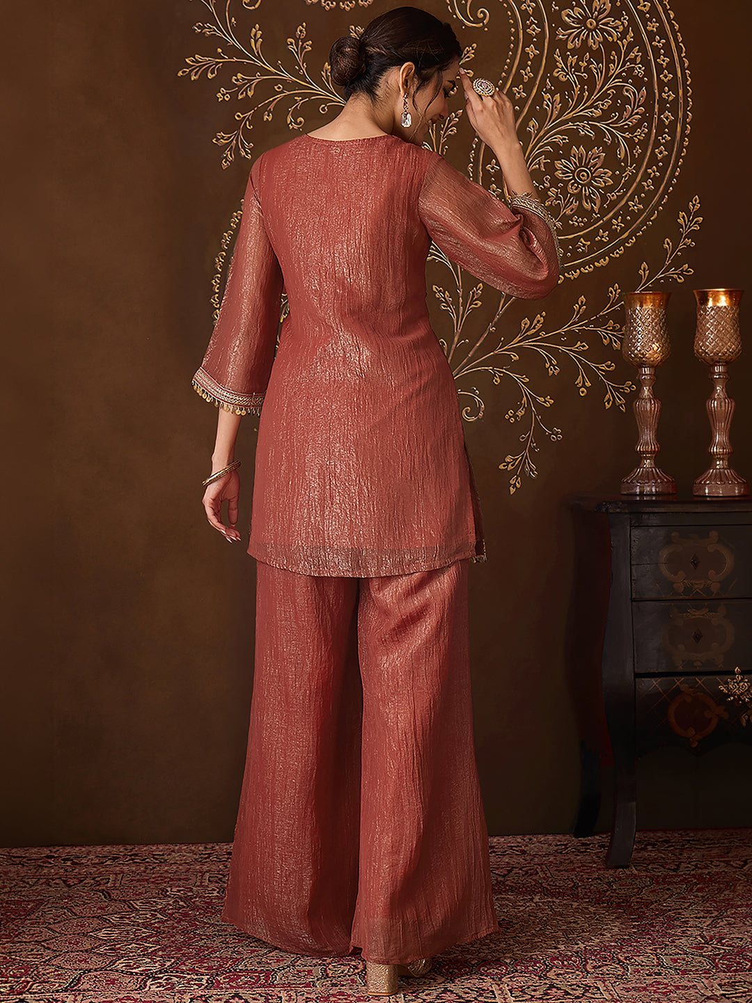 Janasya Women's Rust Tissue Silk Floral Zari Yoke Embroidered Straight Co-Ord Set