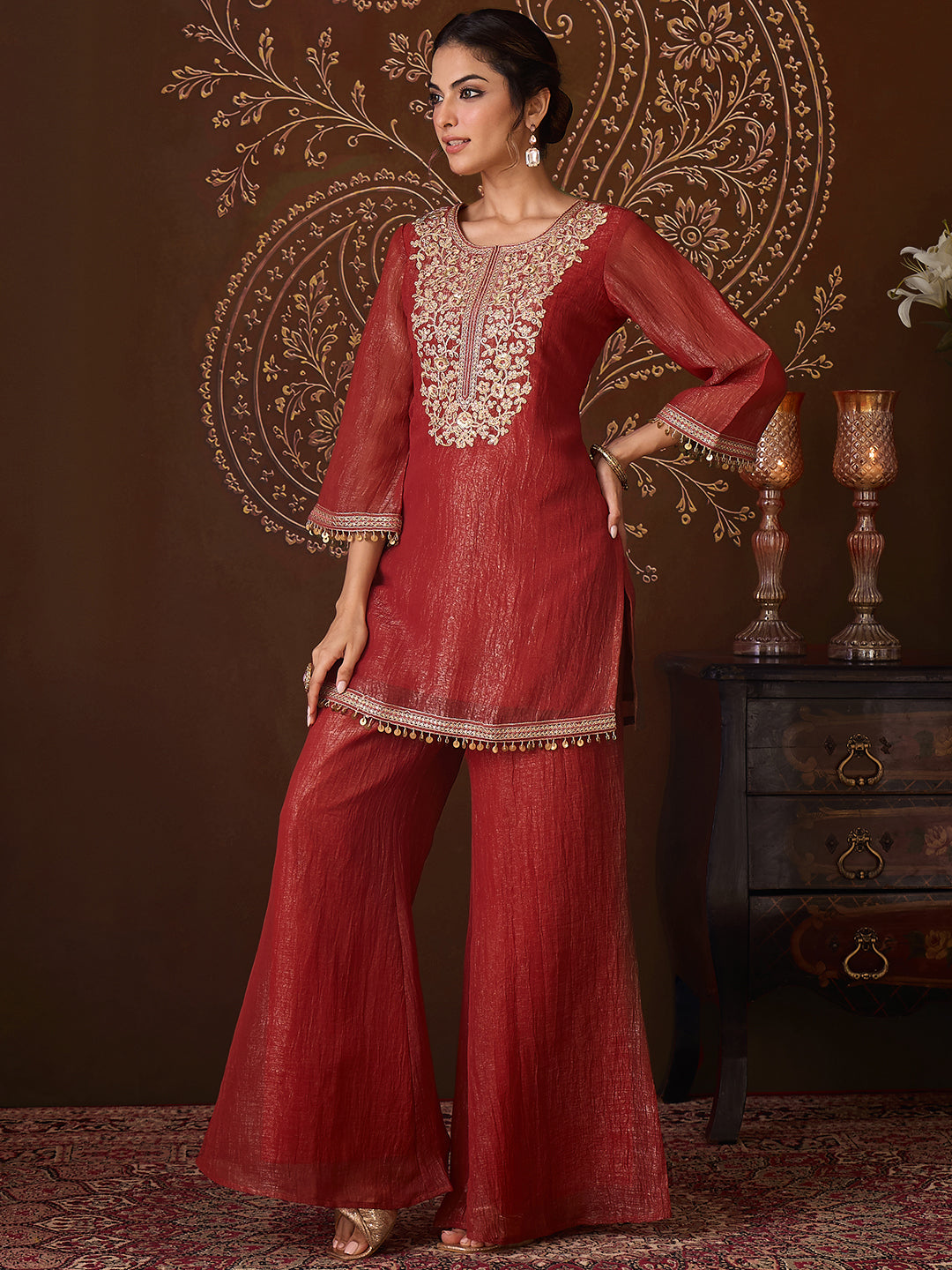 Janasya Women's Rust Tissue Silk Floral Zari Yoke Embroidered Straight Co-Ord Set