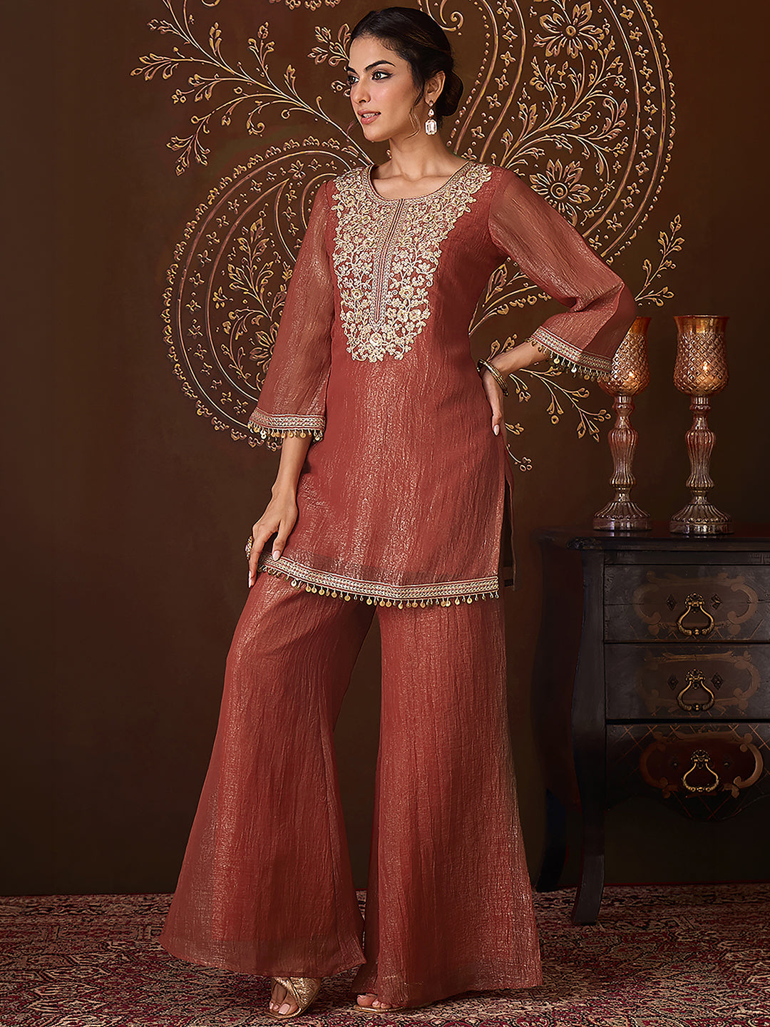 Janasya Women's Rust Tissue Silk Floral Zari Yoke Embroidered Straight Co-Ord Set