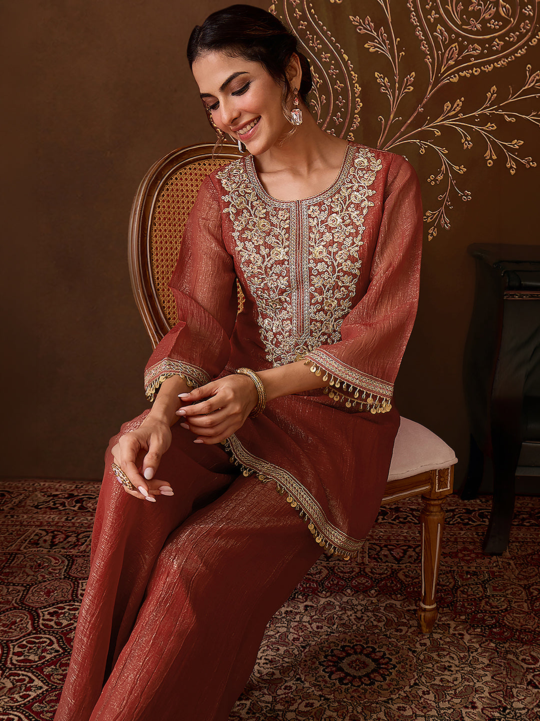 Janasya Women's Rust Tissue Silk Floral Zari Yoke Embroidered Straight Co-Ord Set