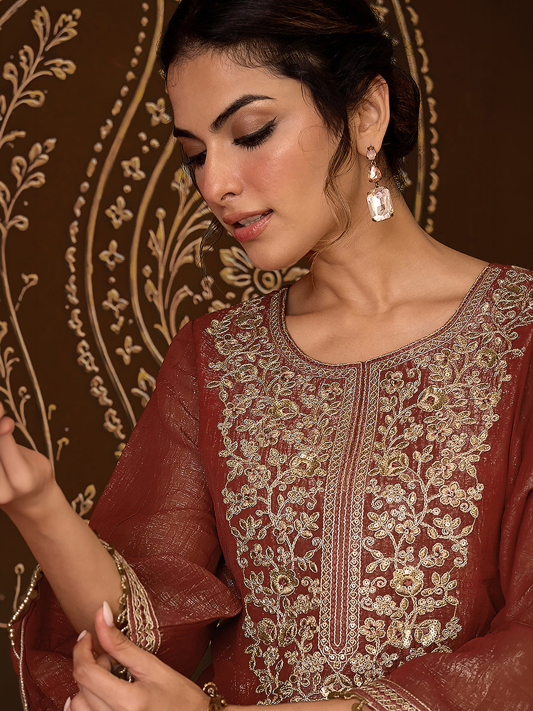 Janasya Women's Rust Tissue Silk Floral Zari Yoke Embroidered Straight Co-Ord Set
