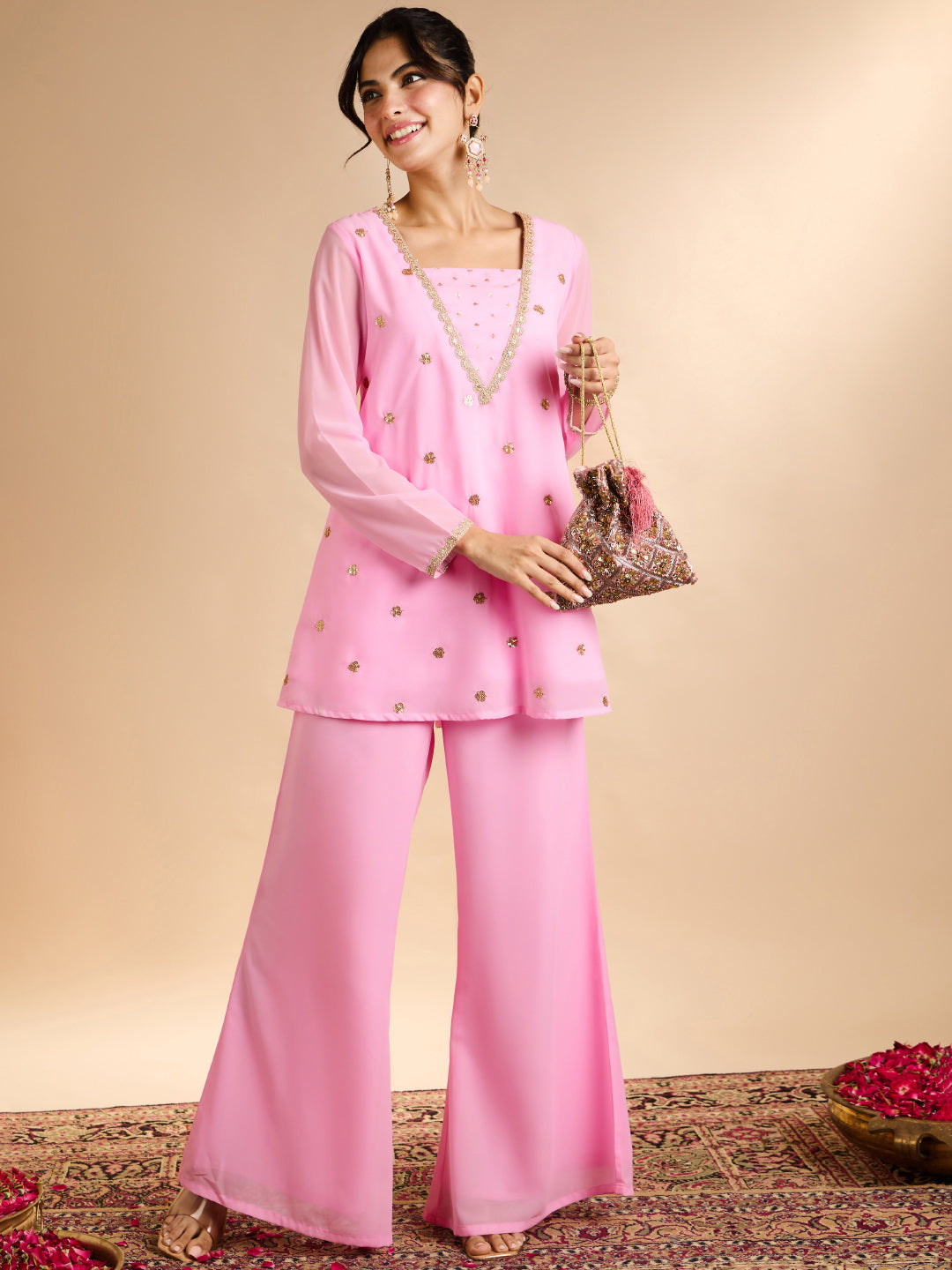 Janasya Women's Baby Pink Georgette Sequins Zari Embroidered A-Line Co-Ord Set