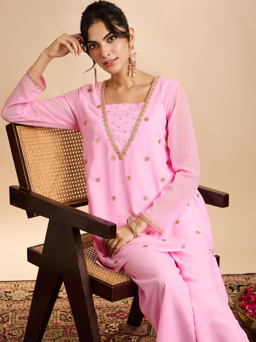 Janasya Women's Baby Pink Georgette Sequins Zari Embroidered A-Line Co-Ord Set