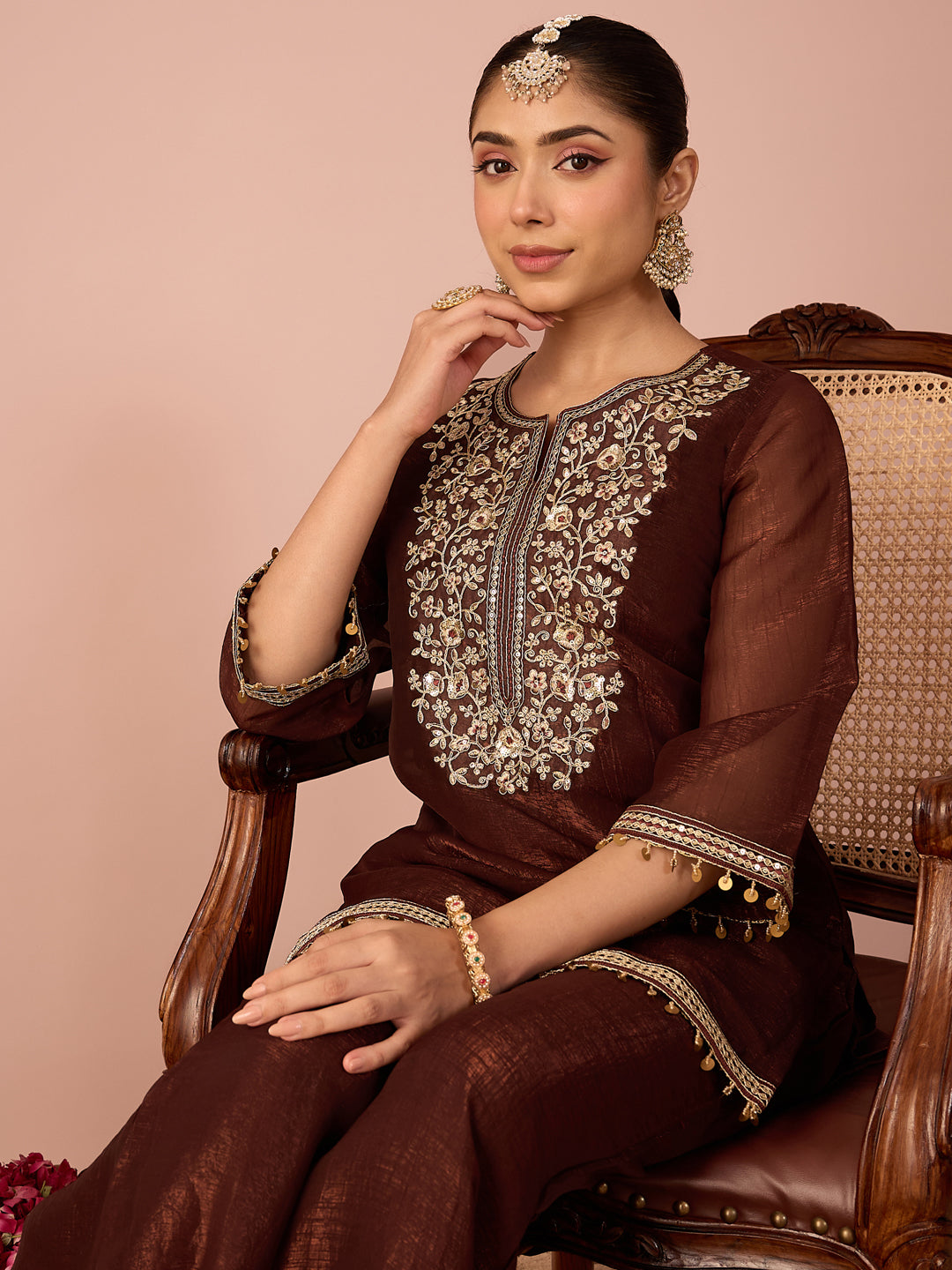 Janasya Women's Brown Tissue Silk Floral Sequins And Zari Yoke Embroidered Straight Co-Ord Set