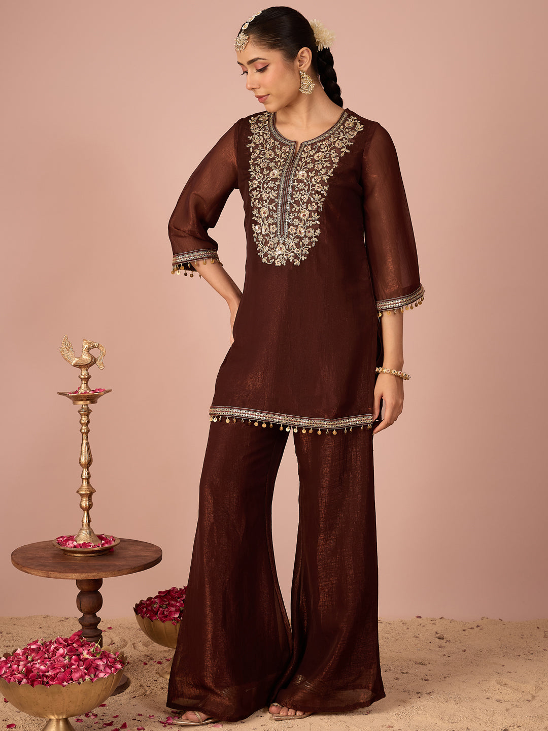 Janasya Women's Brown Tissue Silk Floral Sequins And Zari Yoke Embroidered Straight Co-Ord Set