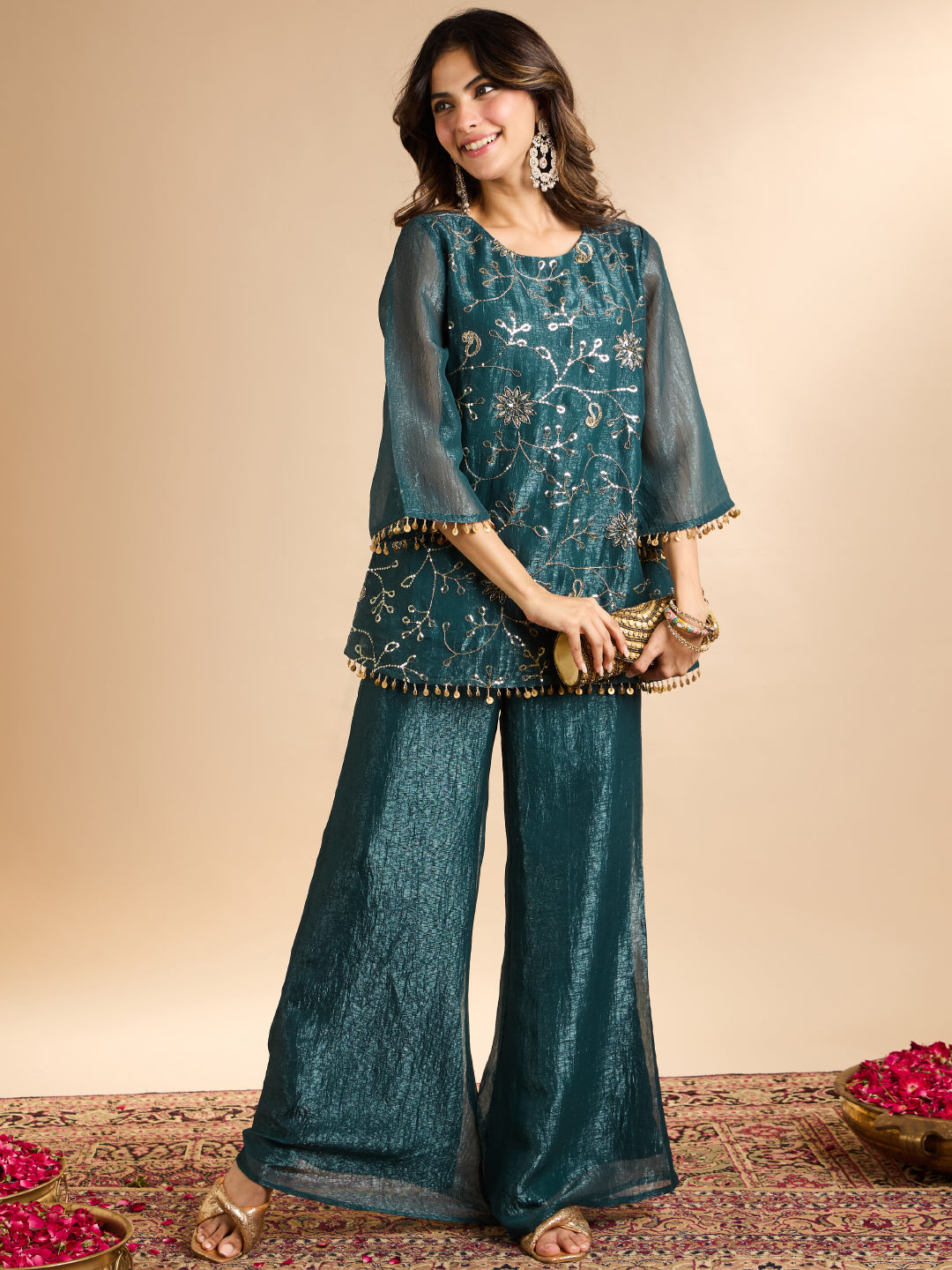 Janasya Women's Teal Blue Tissue Silk Sequin Beads Embroidered Straight Co-Ord Set