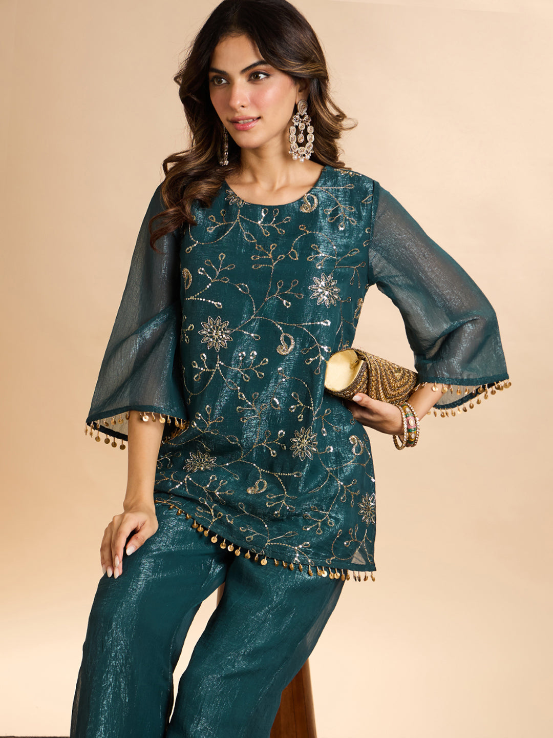 Janasya Women's Teal Blue Tissue Silk Sequin Beads Embroidered Straight Co-Ord Set