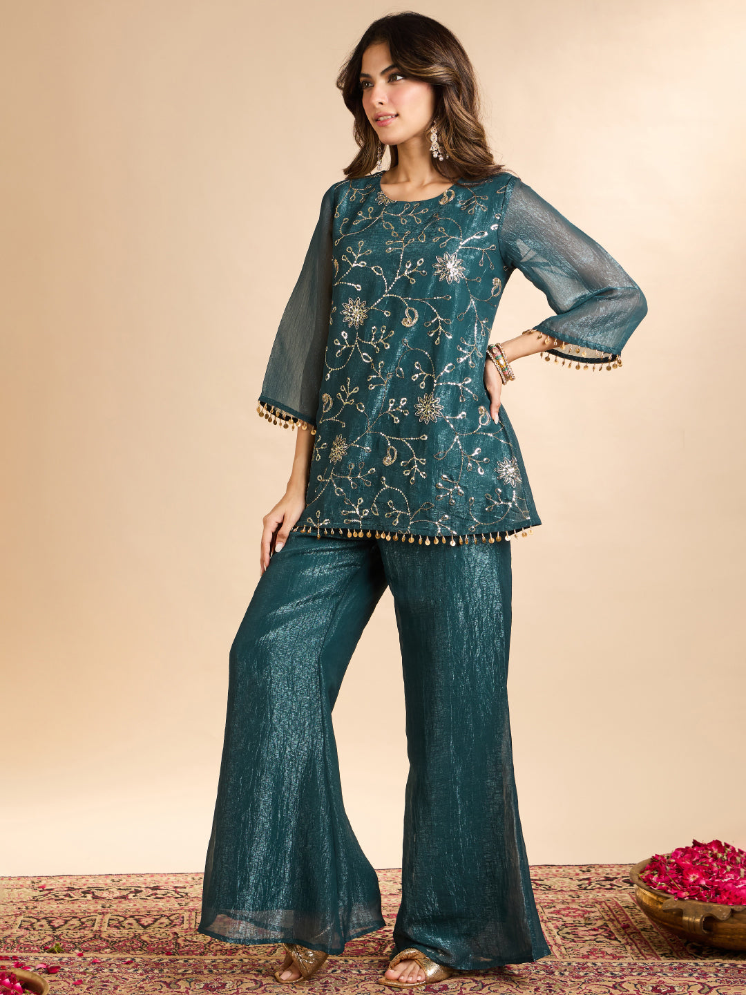 Janasya Women's Teal Blue Tissue Silk Sequin Beads Embroidered Straight Co-Ord Set