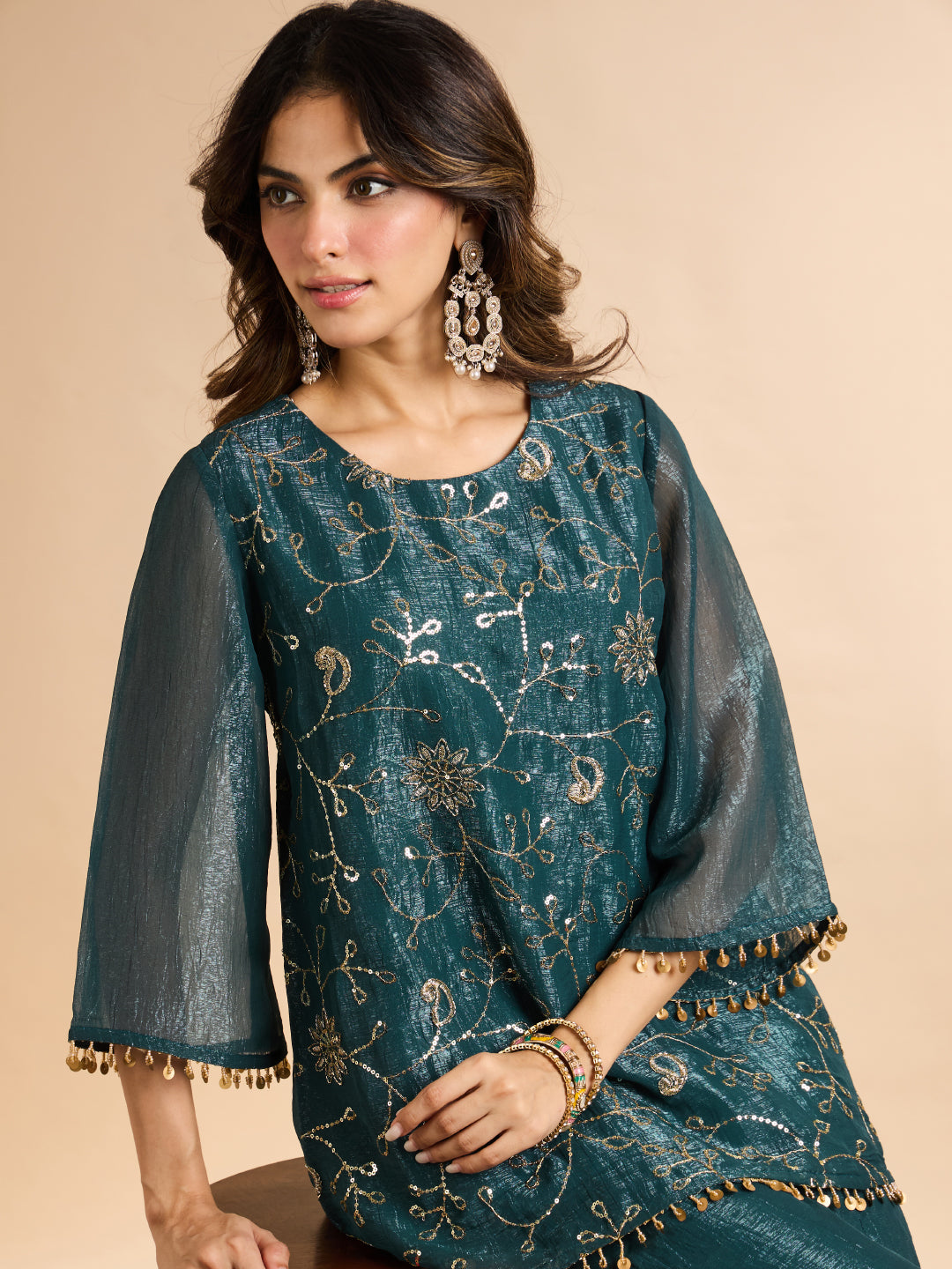Janasya Women's Teal Blue Tissue Silk Sequin Beads Embroidered Straight Co-Ord Set