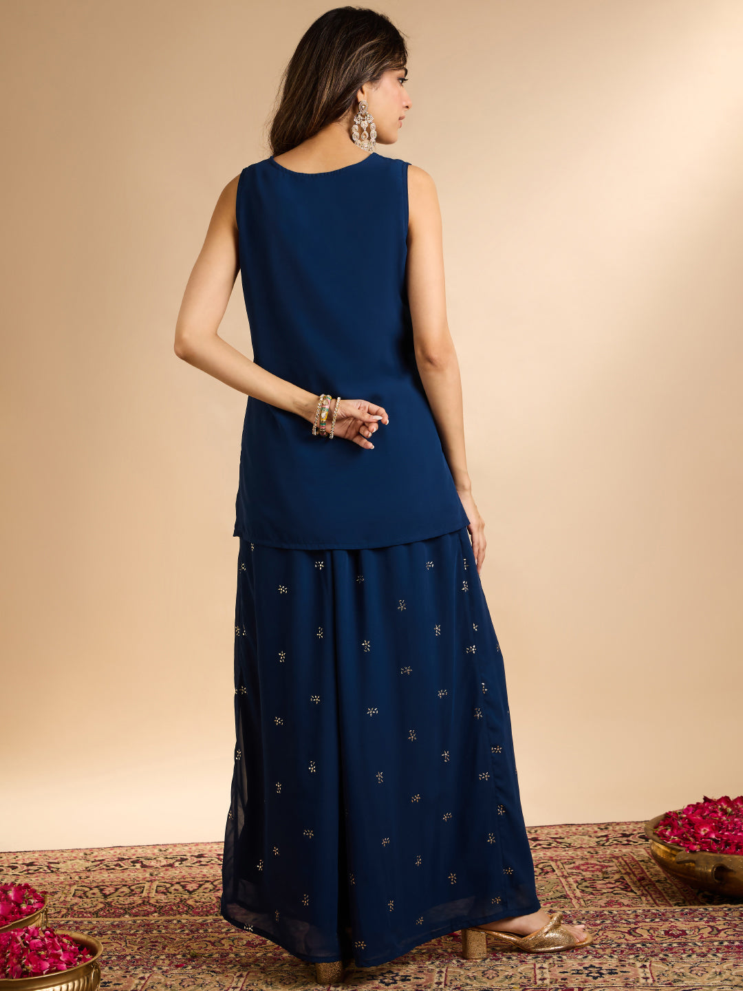Janasya Women's Navy Blue Georgette Floral Beads Embroidered Straight Co-Ord Set