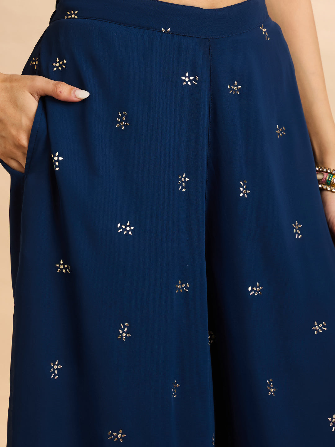 Janasya Women's Navy Blue Georgette Floral Beads Embroidered Straight Co-Ord Set