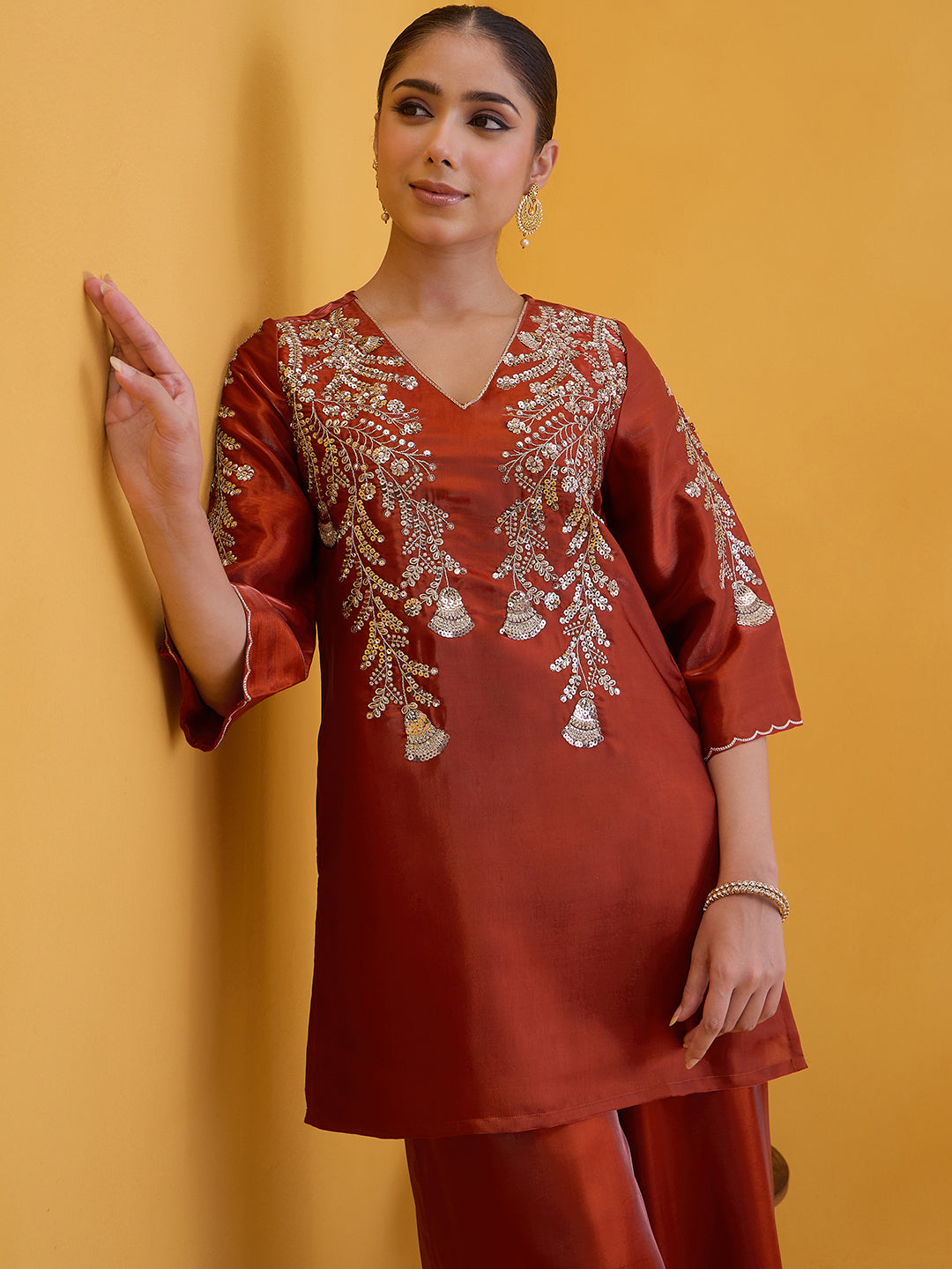 Janasya Women's Rust Silk Blend Floral Yoke Embroidered Straight Co-Ord Set