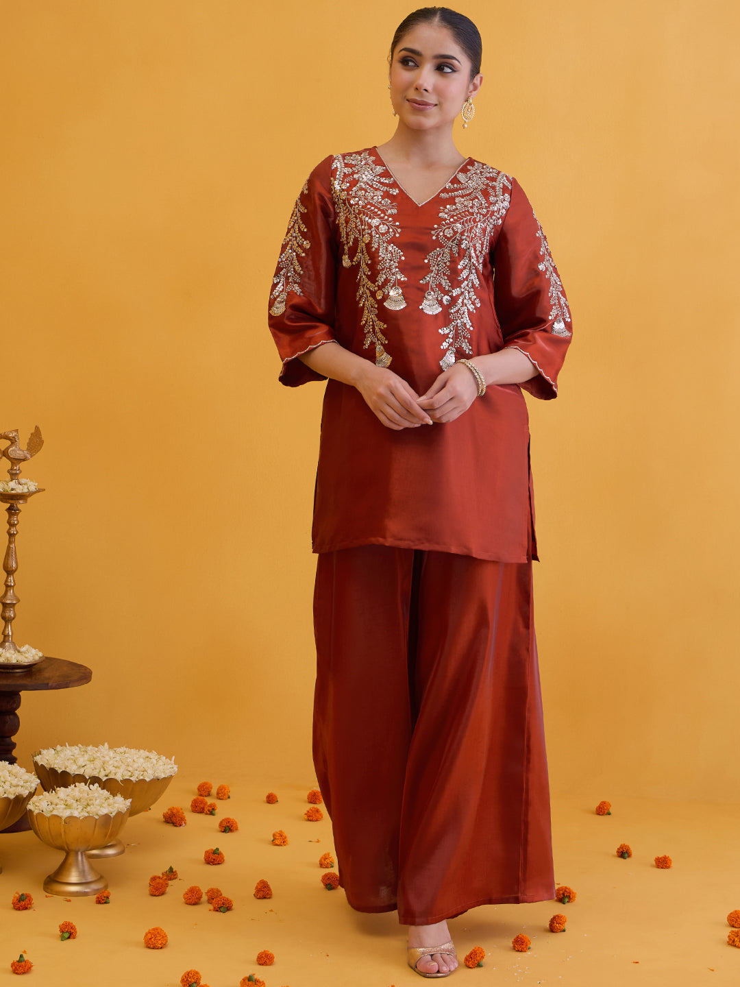 Janasya Women's Rust Silk Blend Floral Yoke Embroidered Straight Co-Ord Set
