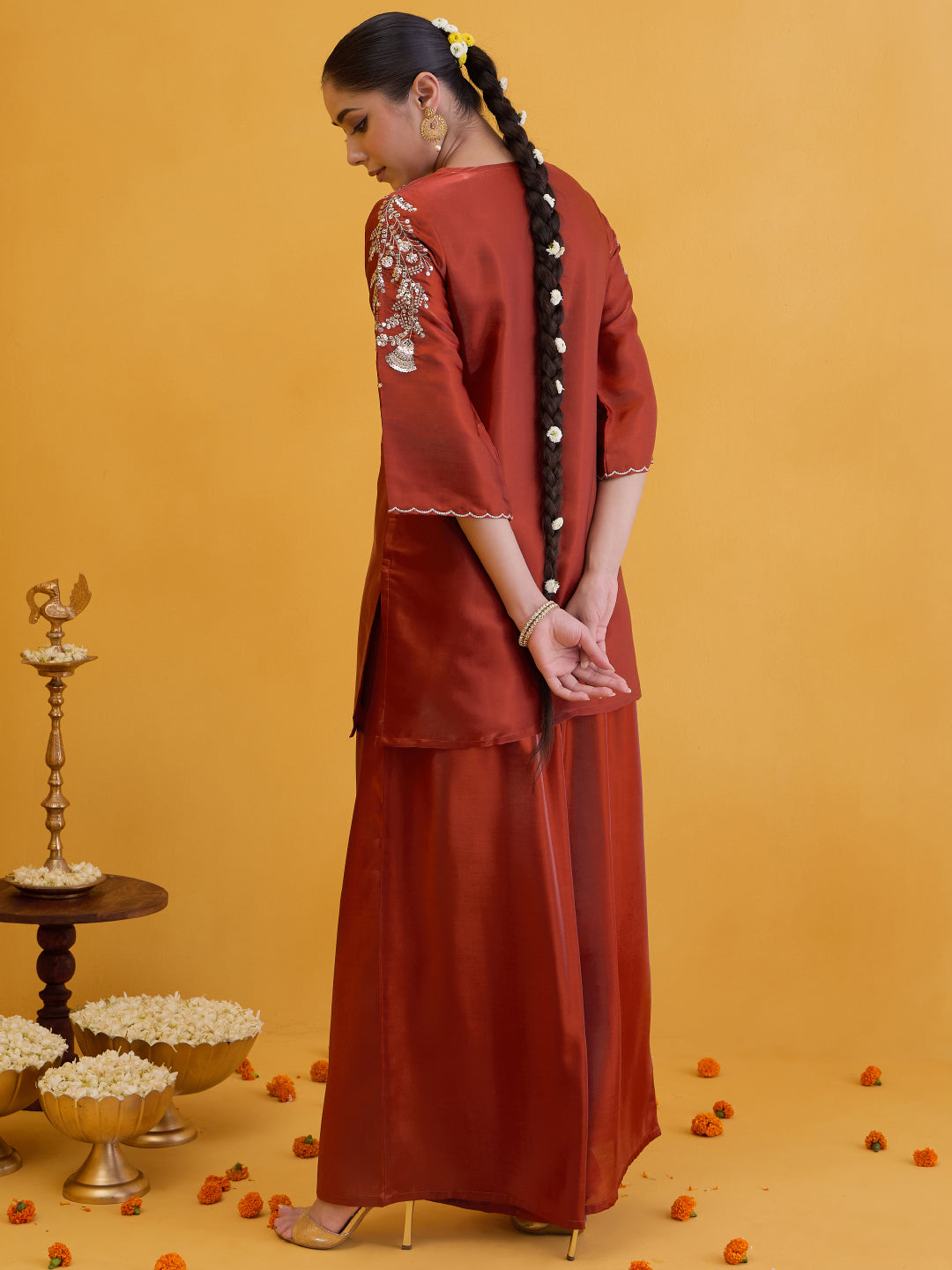 Janasya Women's Rust Silk Blend Floral Yoke Embroidered Straight Co-Ord Set