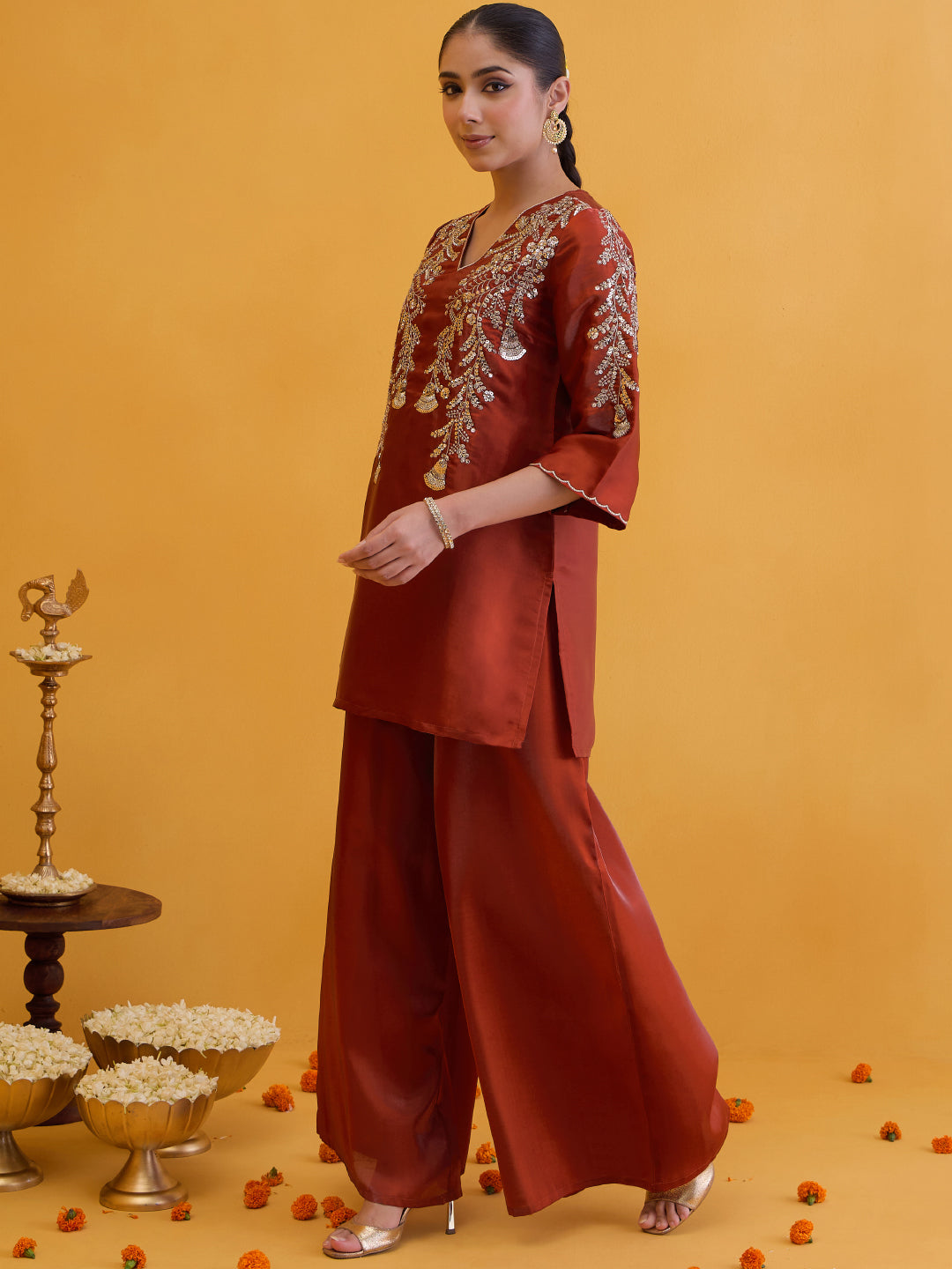 Janasya Women's Rust Silk Blend Floral Yoke Embroidered Straight Co-Ord Set