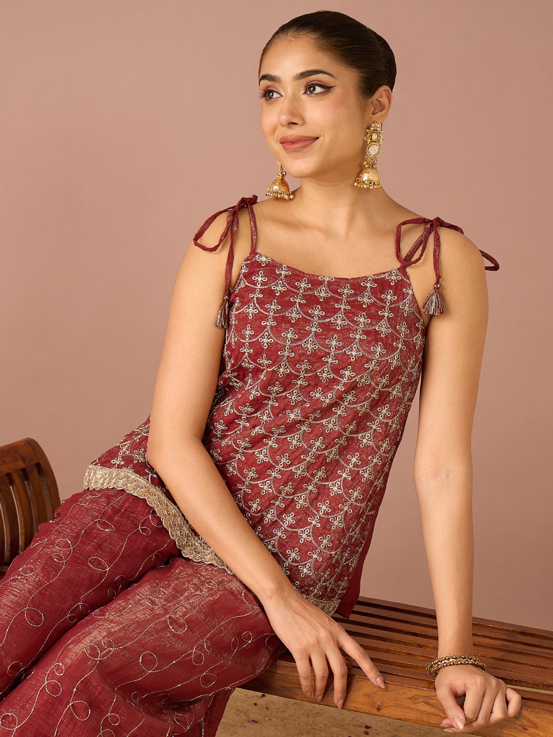 Janasya Women's Rust Tissue Silk Floral Zari Embroidered A-Line Co-Ord Set