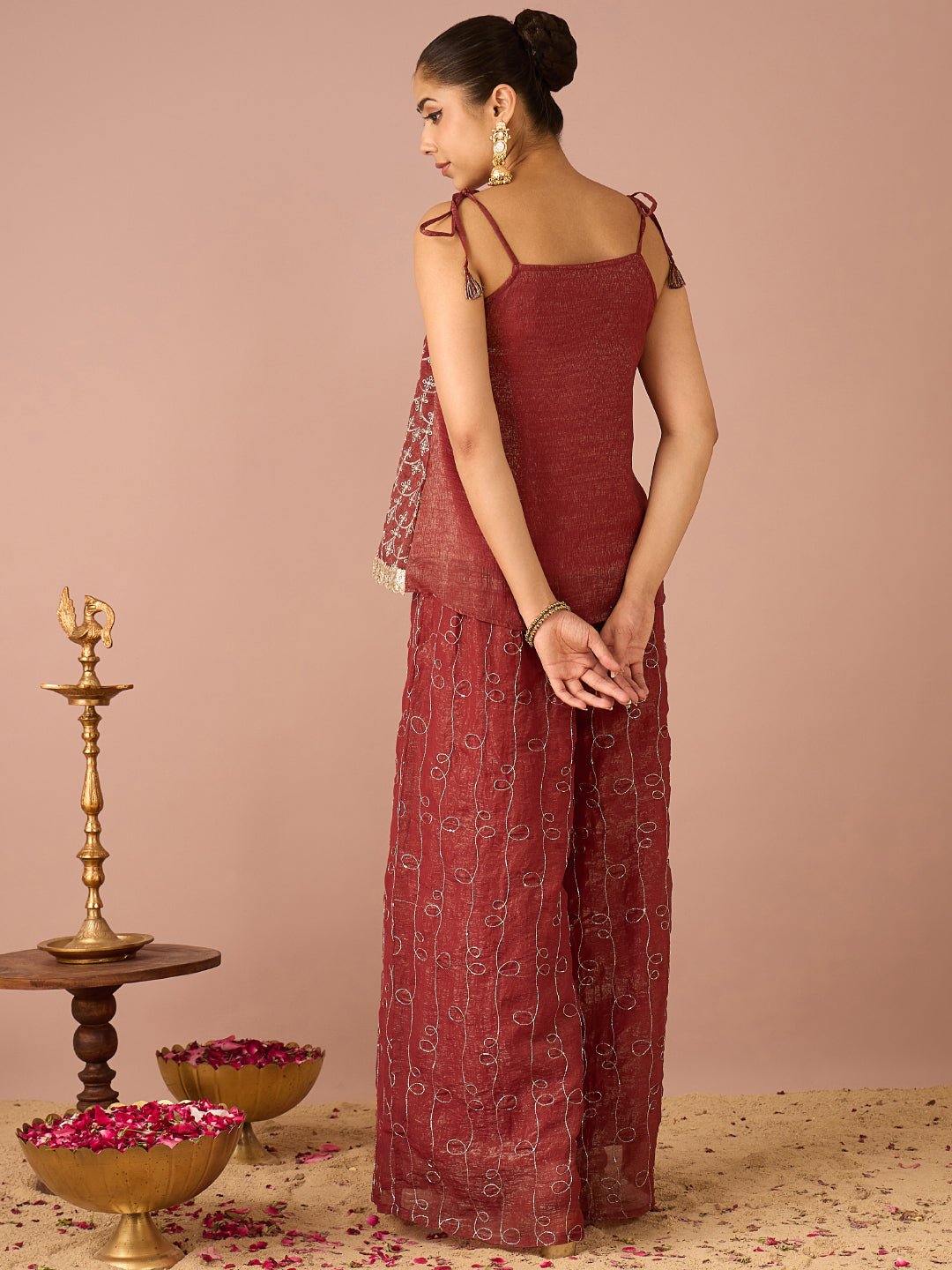Janasya Women's Rust Tissue Silk Floral Zari Embroidered A-Line Co-Ord Set