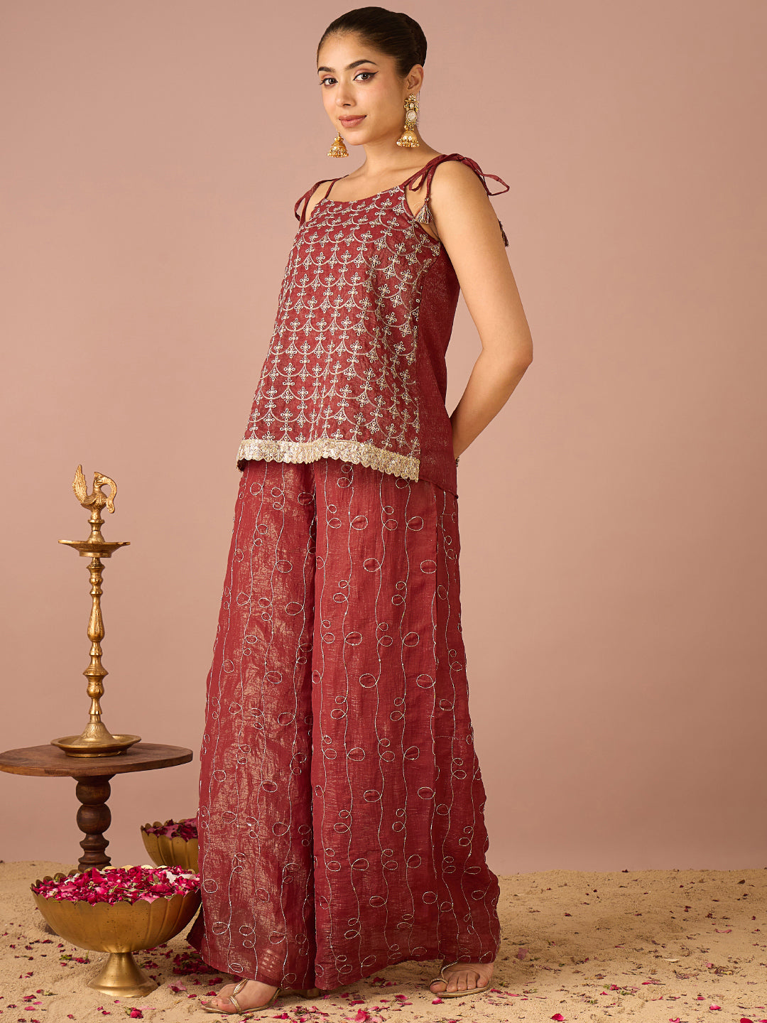 Janasya Women's Rust Tissue Silk Floral Zari Embroidered A-Line Co-Ord Set
